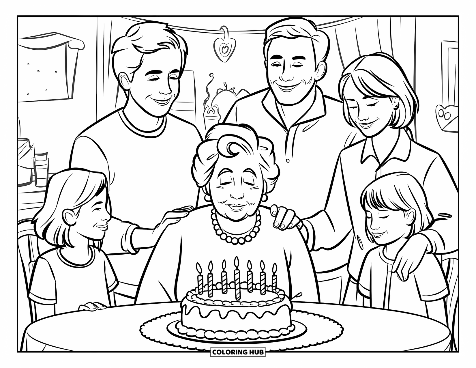 Happy Birthday Grandma Coloring Page for Kids: Family gathered around Grandma as she blows out her birthday candles
