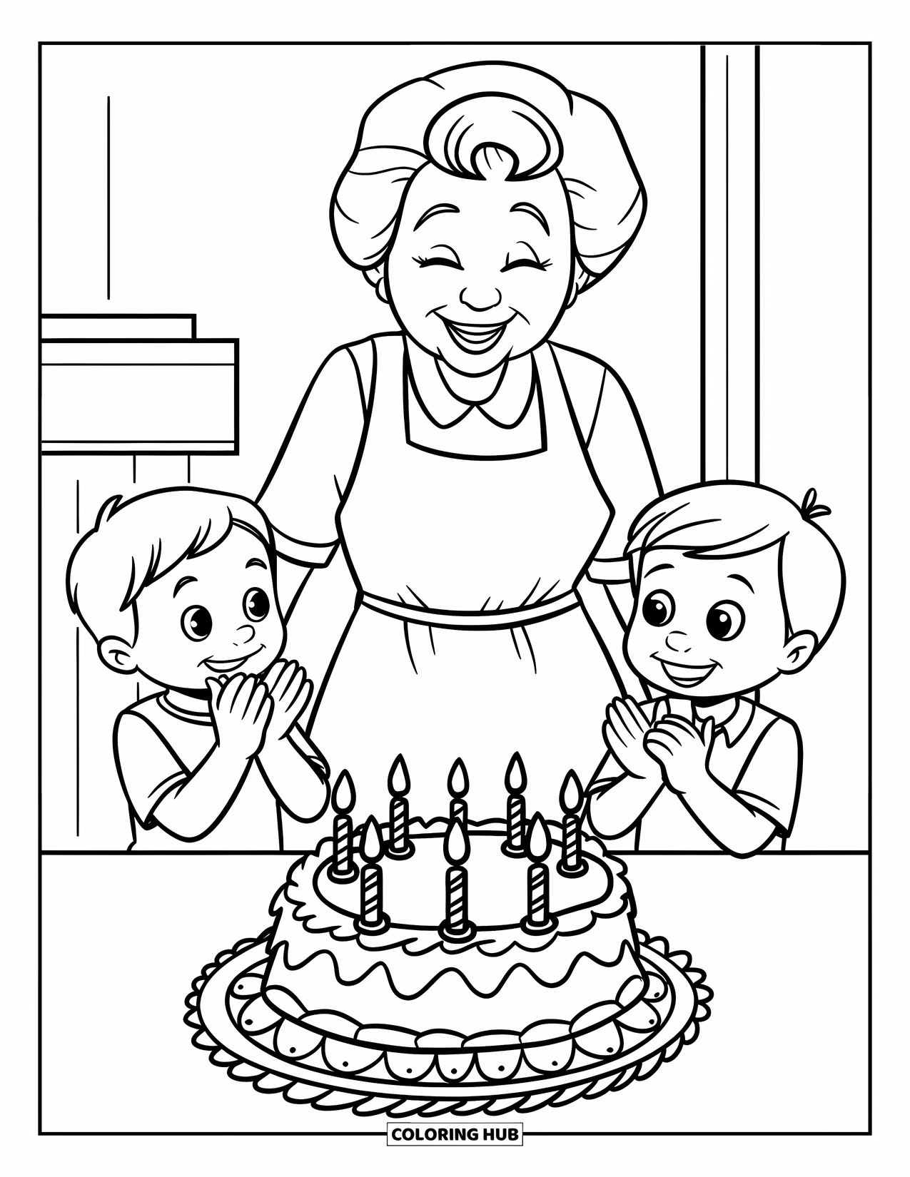 Happy Birthday Grandma Coloring Page for Kids: Grandma and her grandkids clapping joyfully near a birthday cake