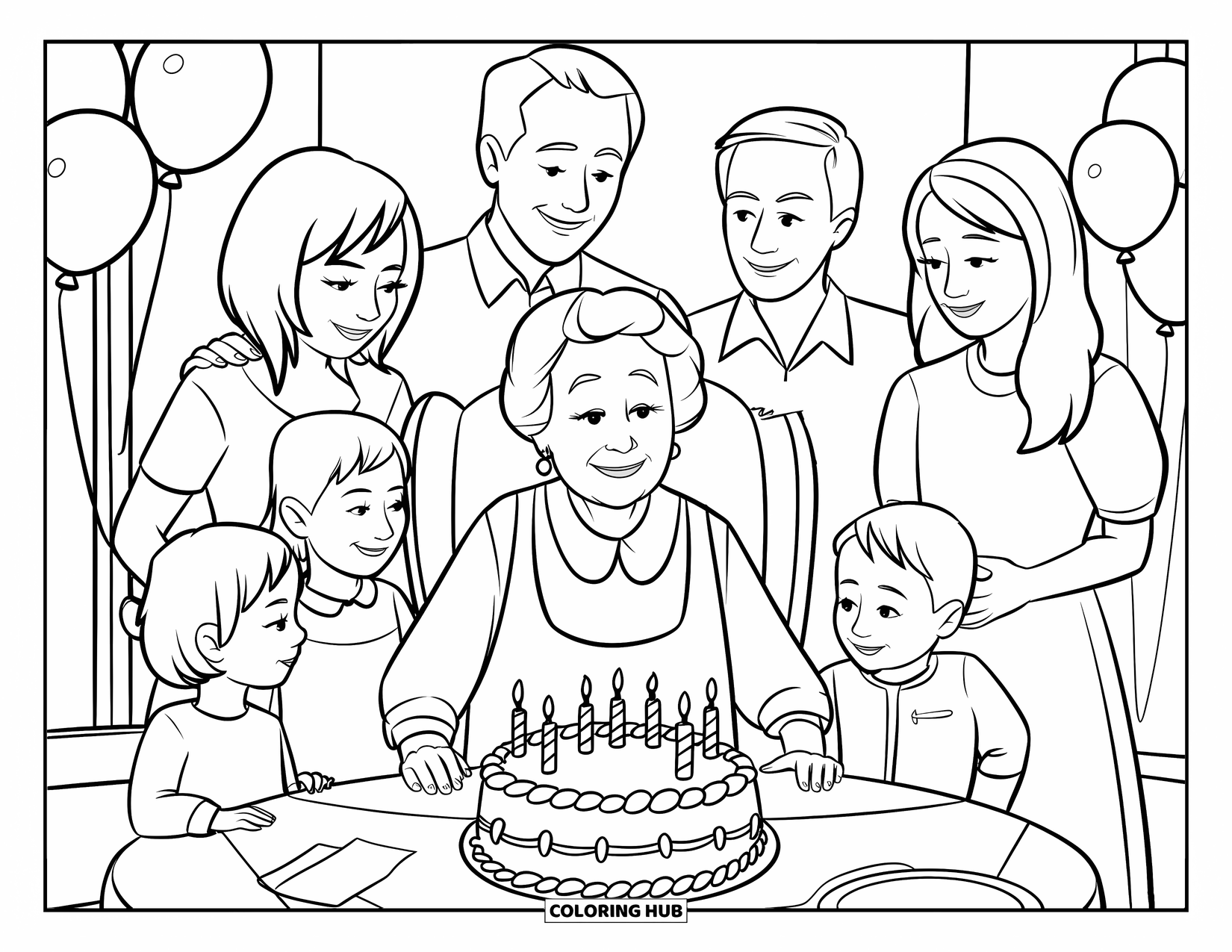 Happy Birthday Grandma Coloring Page for Kids: Grandma blowing out candles while family stands nearby with balloons