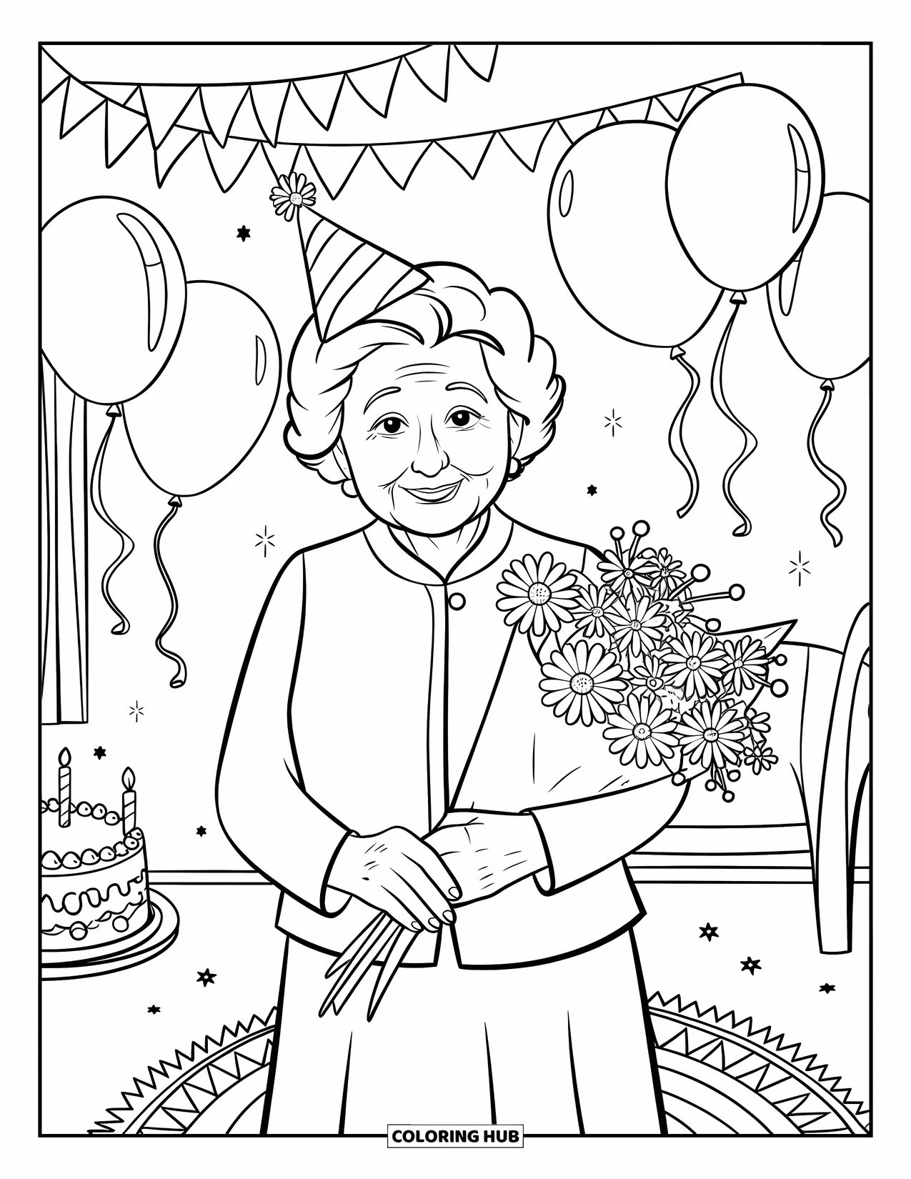 Happy Birthday Grandma Coloring Page for Kids: Grandma celebrating with flowers, balloons, and festive decorations