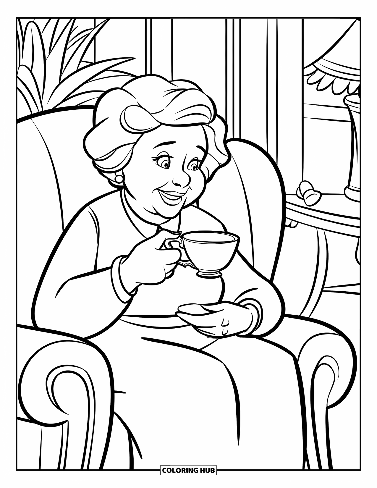 Happy Birthday Grandma Coloring Page for Kids: Grandma enjoying tea and smiles with her grandkids