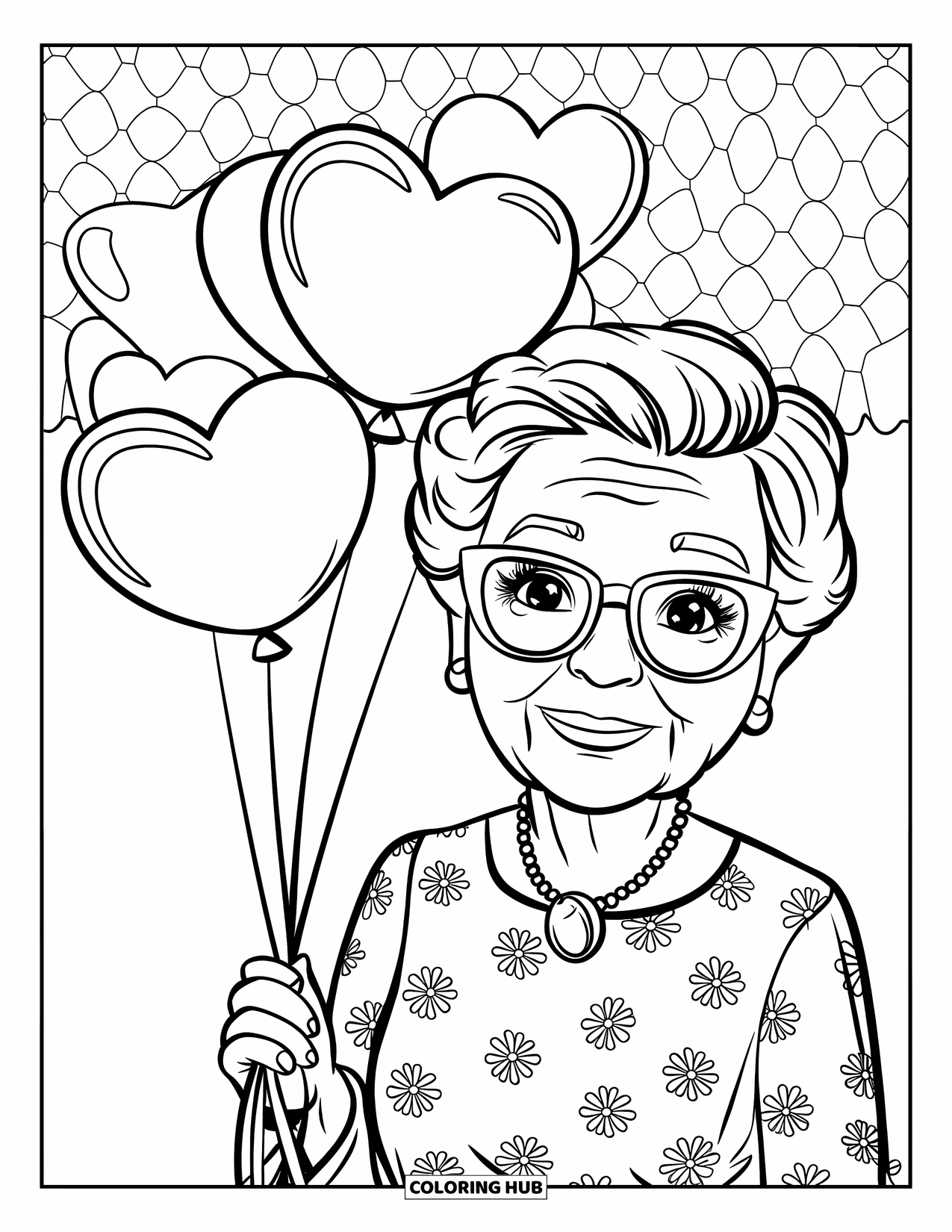 Happy Birthday Grandma Coloring Page for Kids: Grandma holding heart balloons and smiling in front of a patterned wall