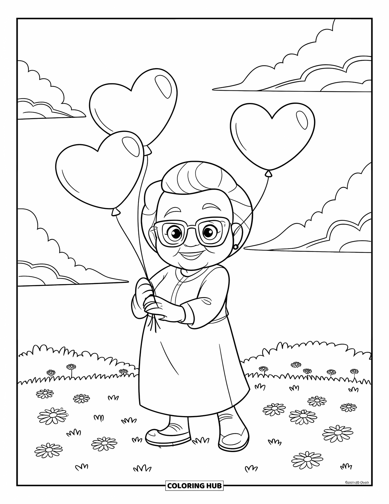 Happy Birthday Grandma Coloring Page for Kids: Grandma holding heart balloons while standing in a flower-filled field