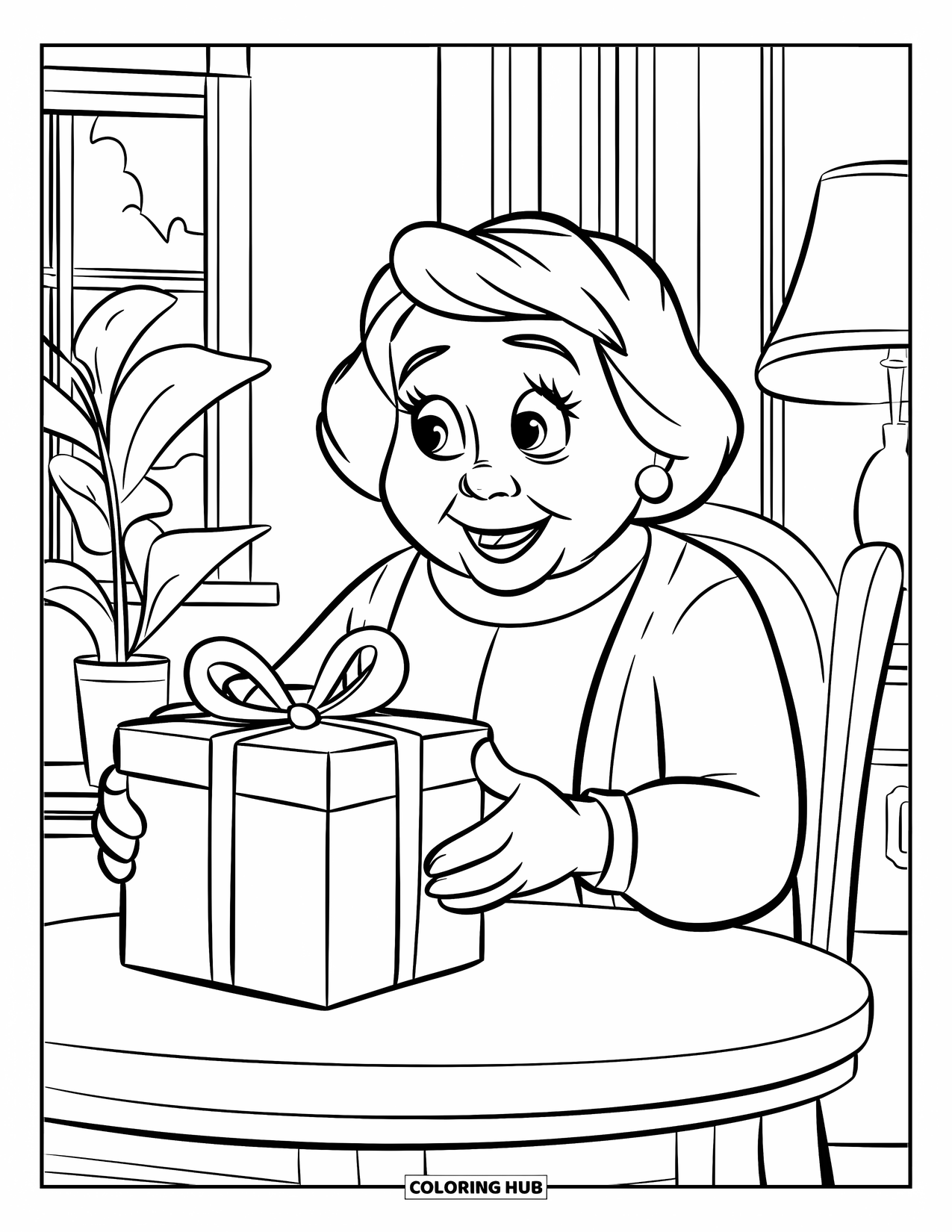 Happy Birthday Grandma Coloring Page for Kids: Grandma opening a present on a table with a happy surprise