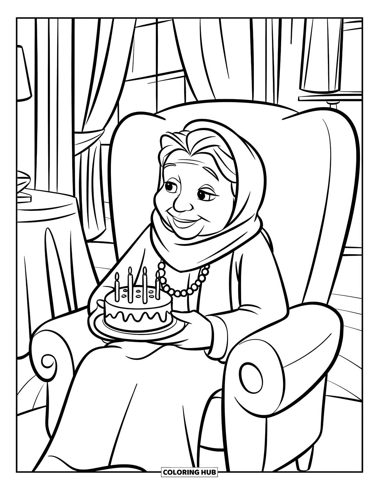Happy Birthday Grandma Coloring Page for Kids: Grandma relaxing in her chair and holding a little cake