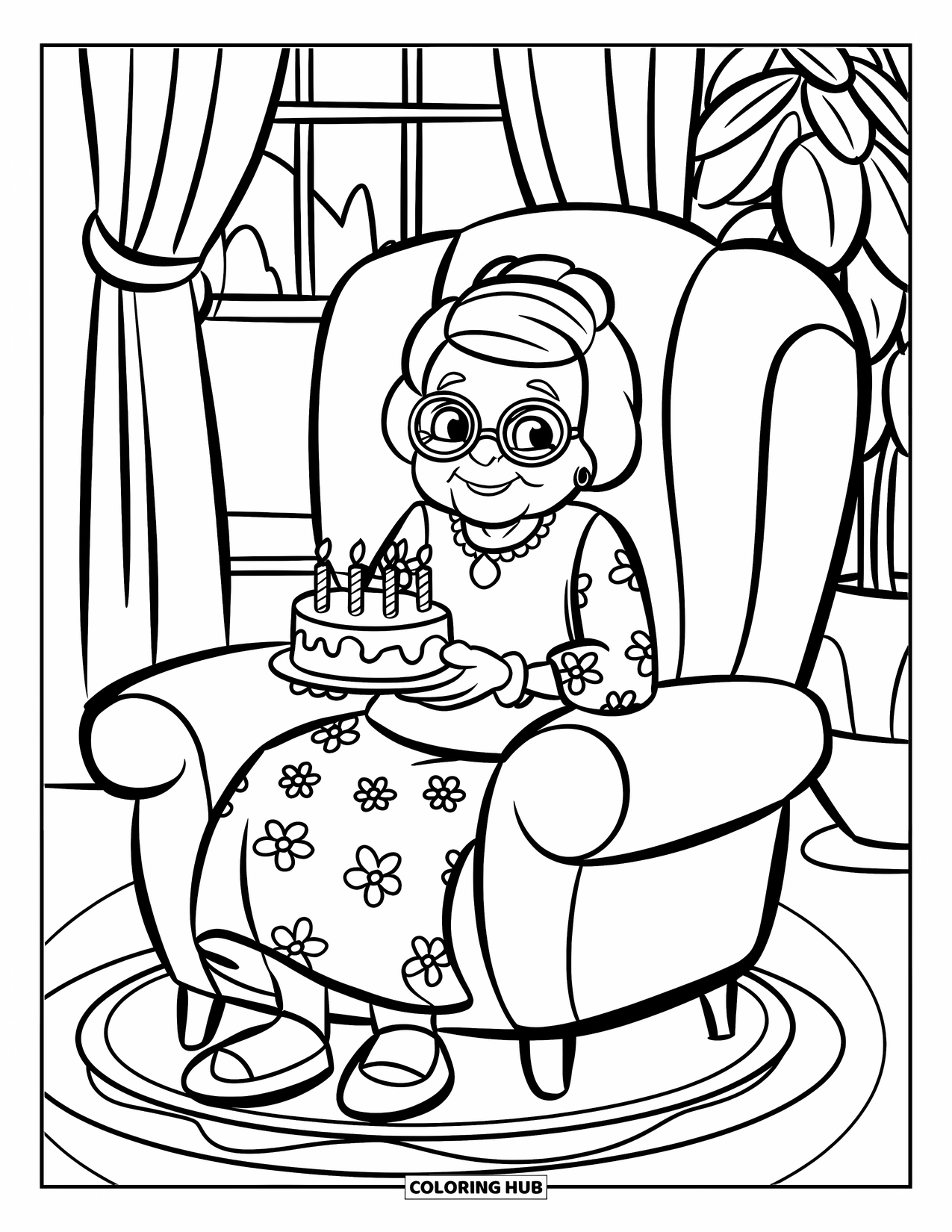 Happy Birthday Grandma Coloring Page for Kids: Grandma sitting in a cozy chair holding a small birthday cake