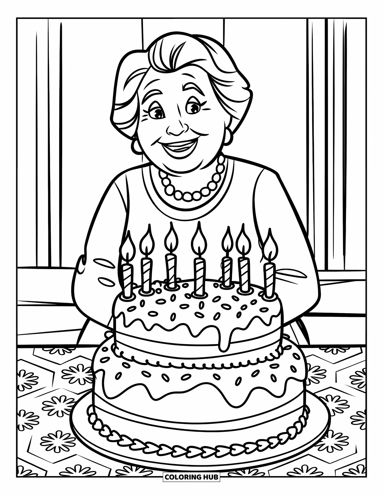 Happy Birthday Grandma Coloring Page for Kids: Grandma smiling beside a layered birthday cake with candles