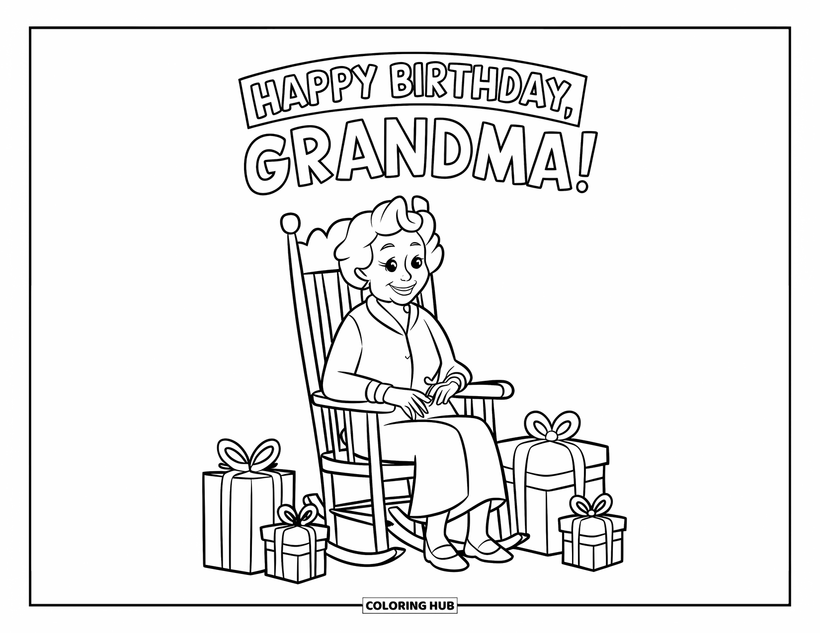 Happy Birthday Grandma Coloring Page for Kids: Grandma smiling in her chair surrounded by birthday presents and decorations