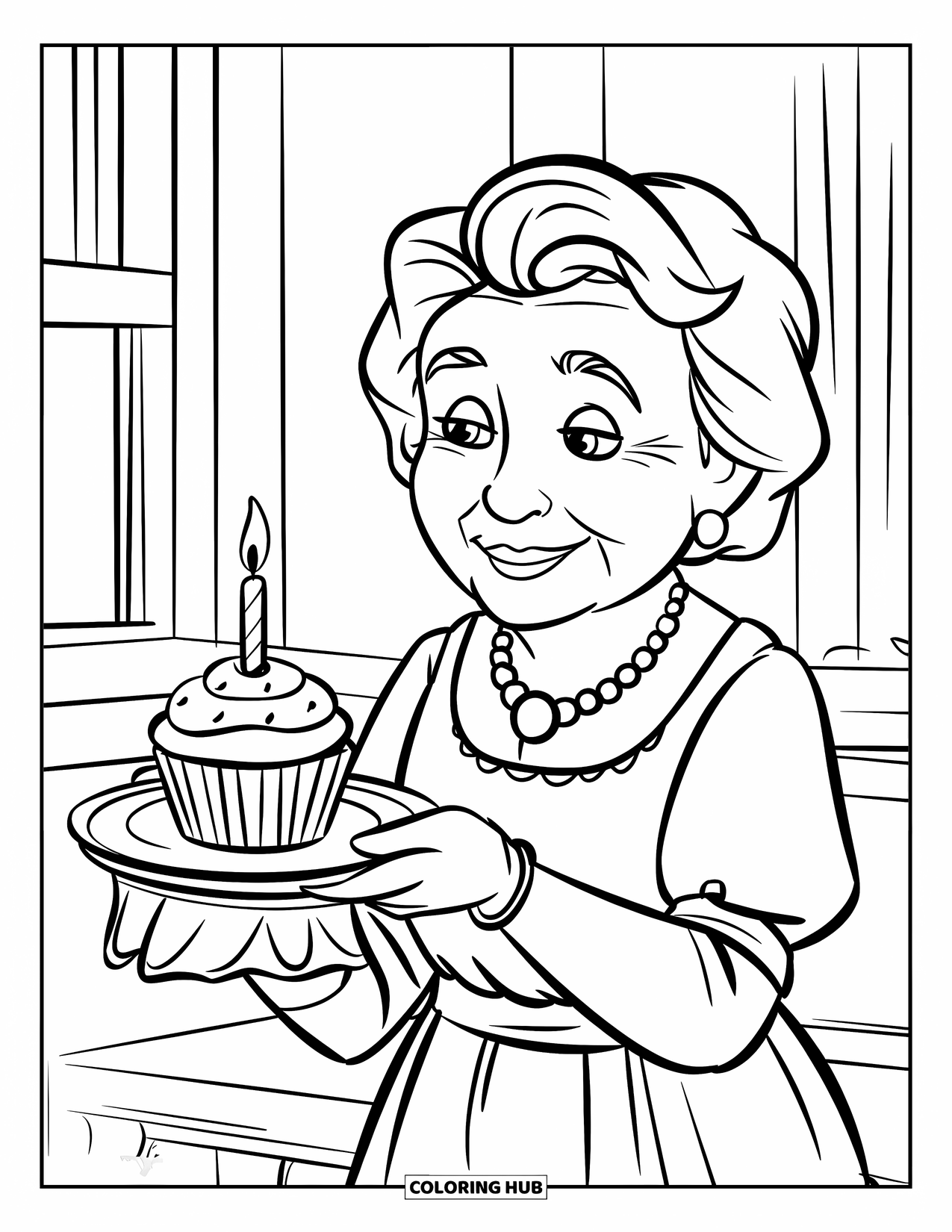 Happy Birthday Grandma Coloring Page for Kids: Grandma smiling while holding a cupcake with a single candle