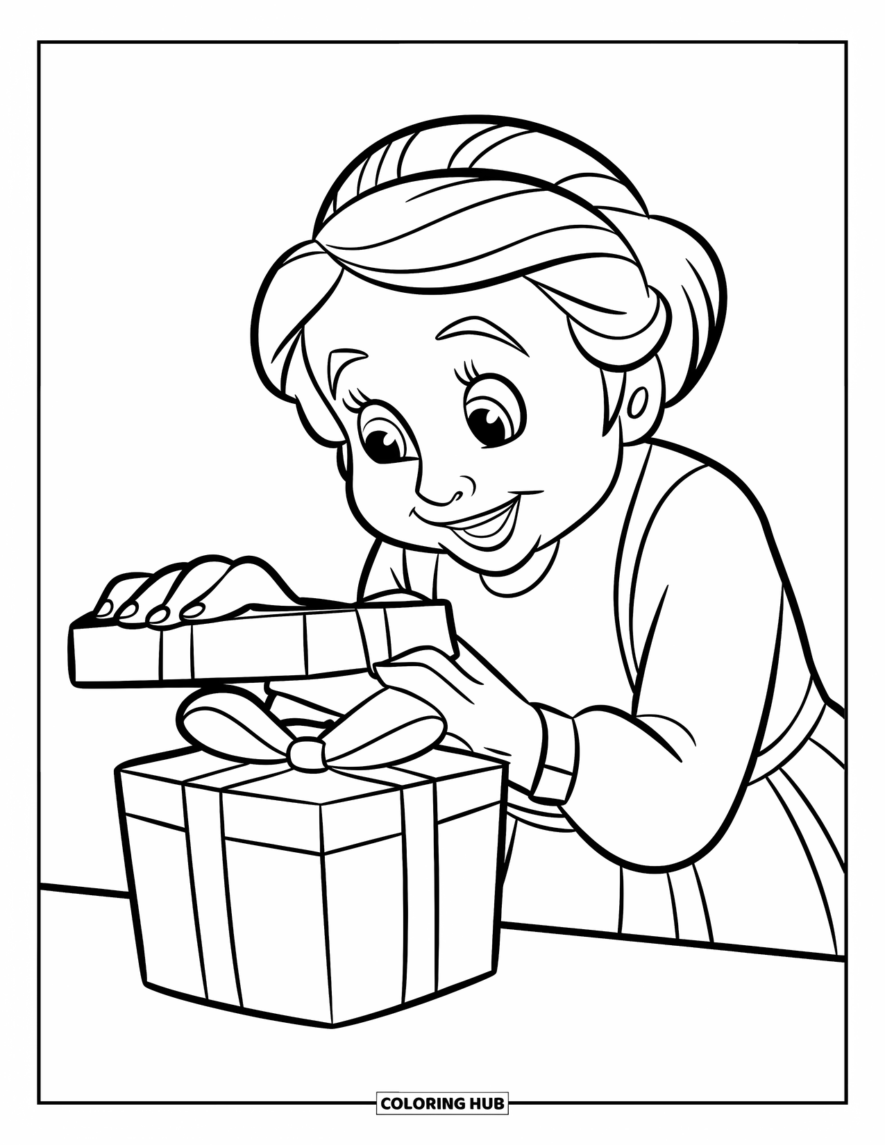 Happy Birthday Grandma Coloring Page for Kids: Grandma smiling while opening a ribboned gift box