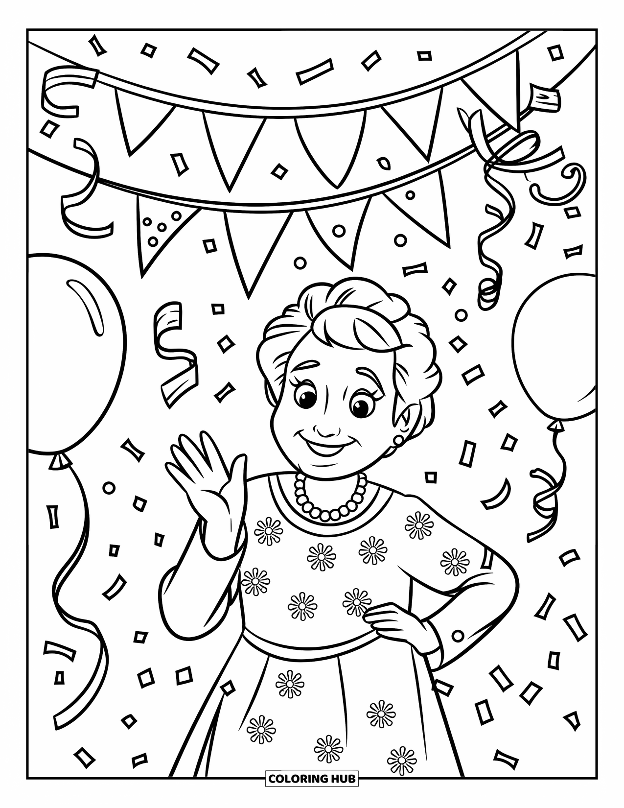 Happy Birthday Grandma Coloring Page for Kids: Grandma waving at a celebration surrounded by balloons and streamers