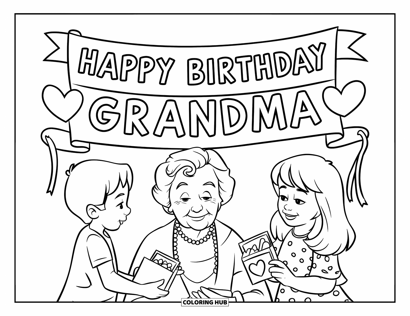 Happy Birthday Grandma Coloring Page for Kids: Two kids happily giving Grandma birthday cards under a heart banner