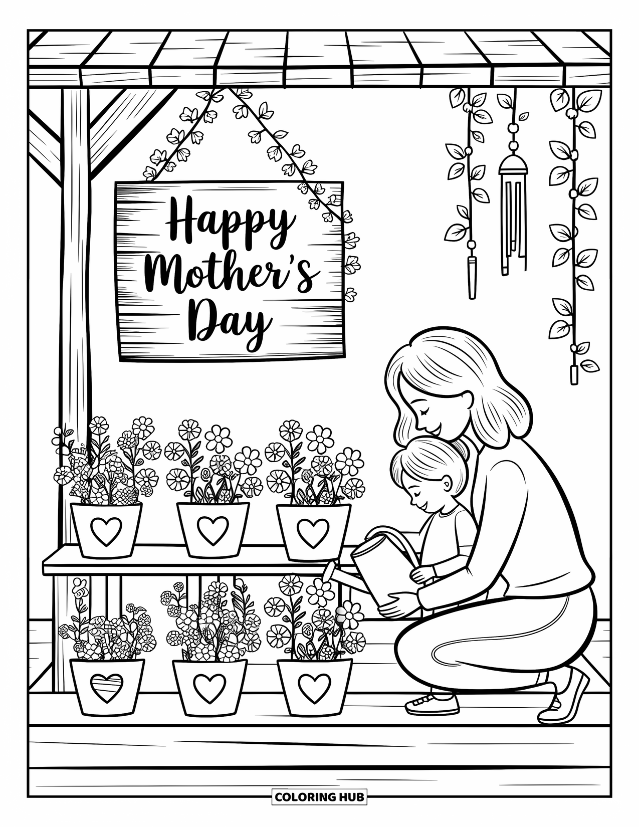 Happy Mothers Day Coloring Page for Adults: A cheerful porch garden where a mother and child water blooming plants together
