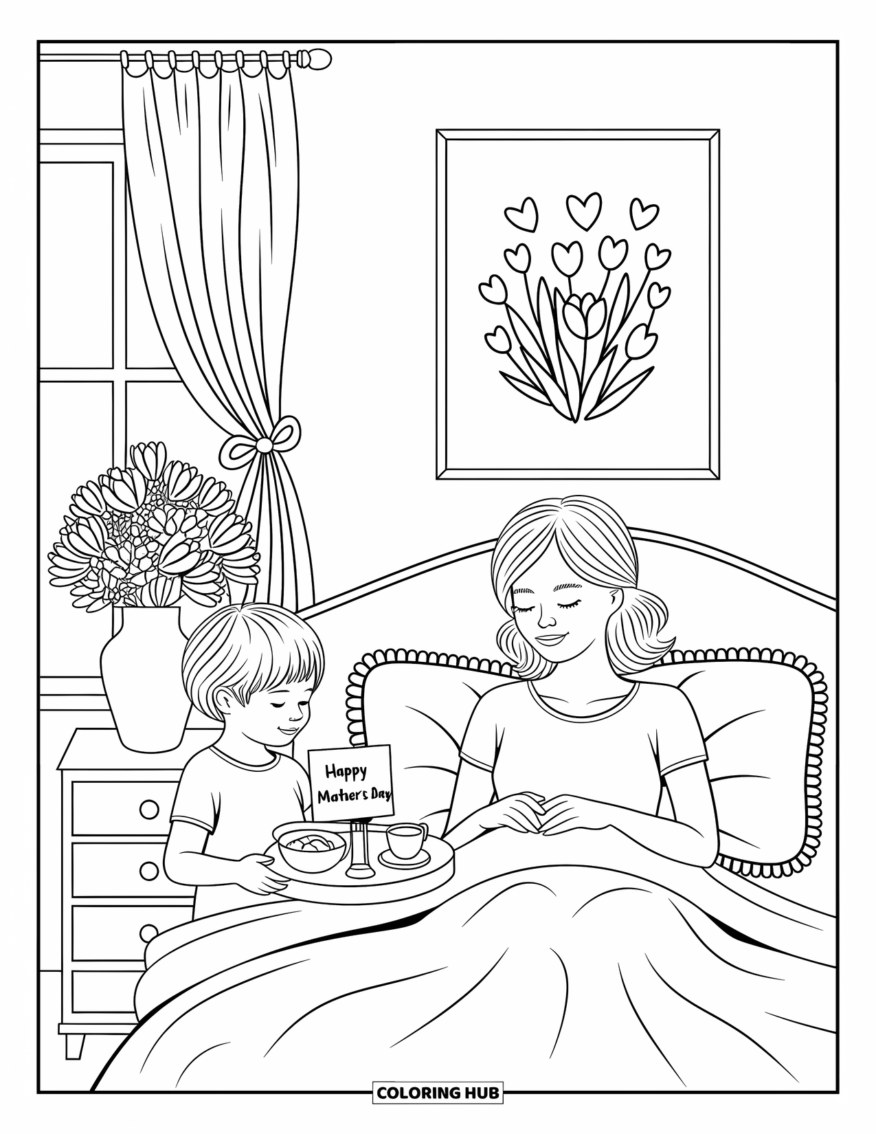 Happy Mothers Day Coloring Page for Adults: A cozy morning scene with a child bringing breakfast and flowers to Mom in bed