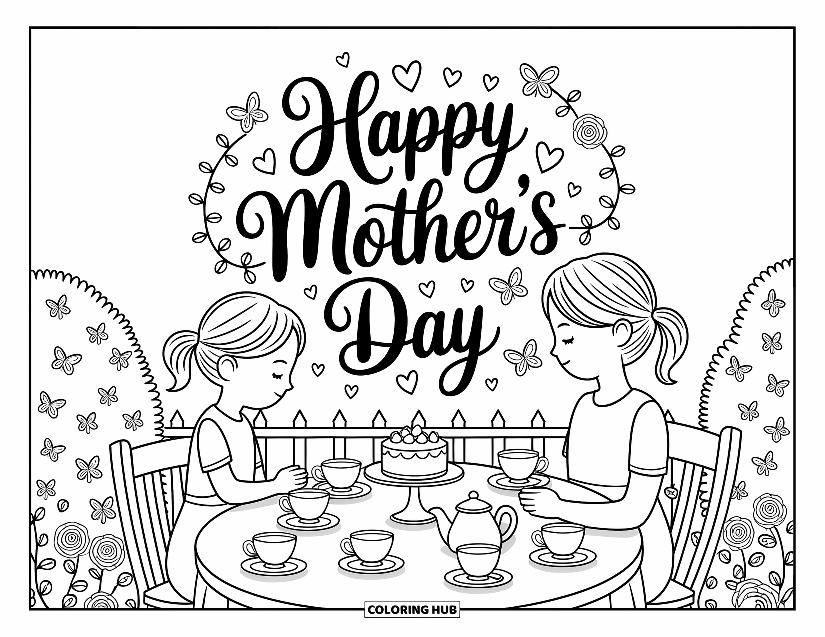Happy Mothers Day Coloring Page for Adults: A cozy tea moment between mother and child beneath blooming vines and sunlight