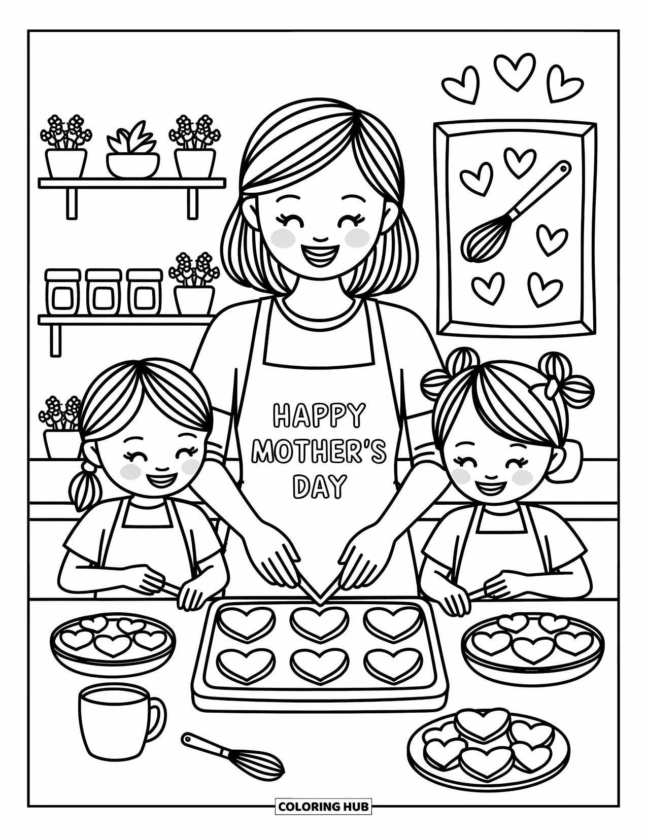 Happy Mothers Day Coloring Page for Adults: A family bakes cookies together with "Happy Mother's Day" on Mom's apron