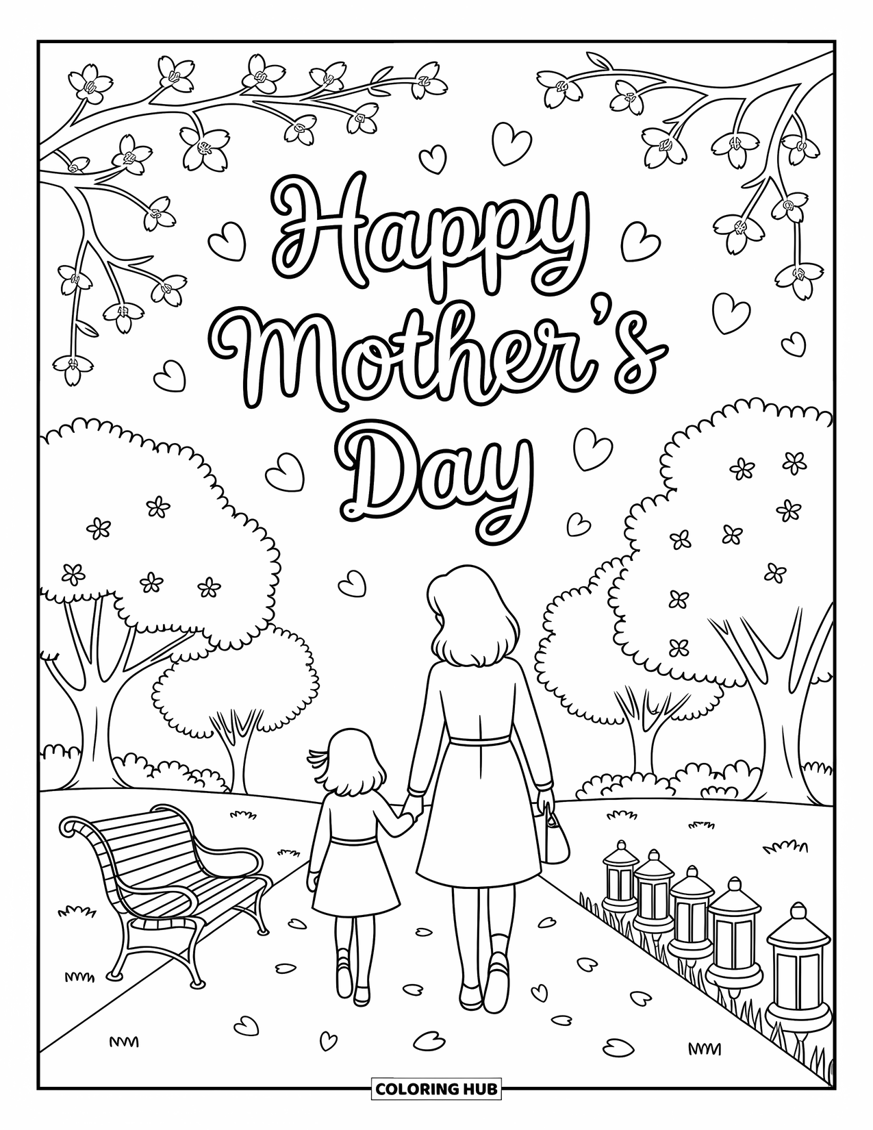 Happy Mothers Day Coloring Page for Adults: A gentle stroll under cherry blossoms with "Happy Mother's Day" floating above