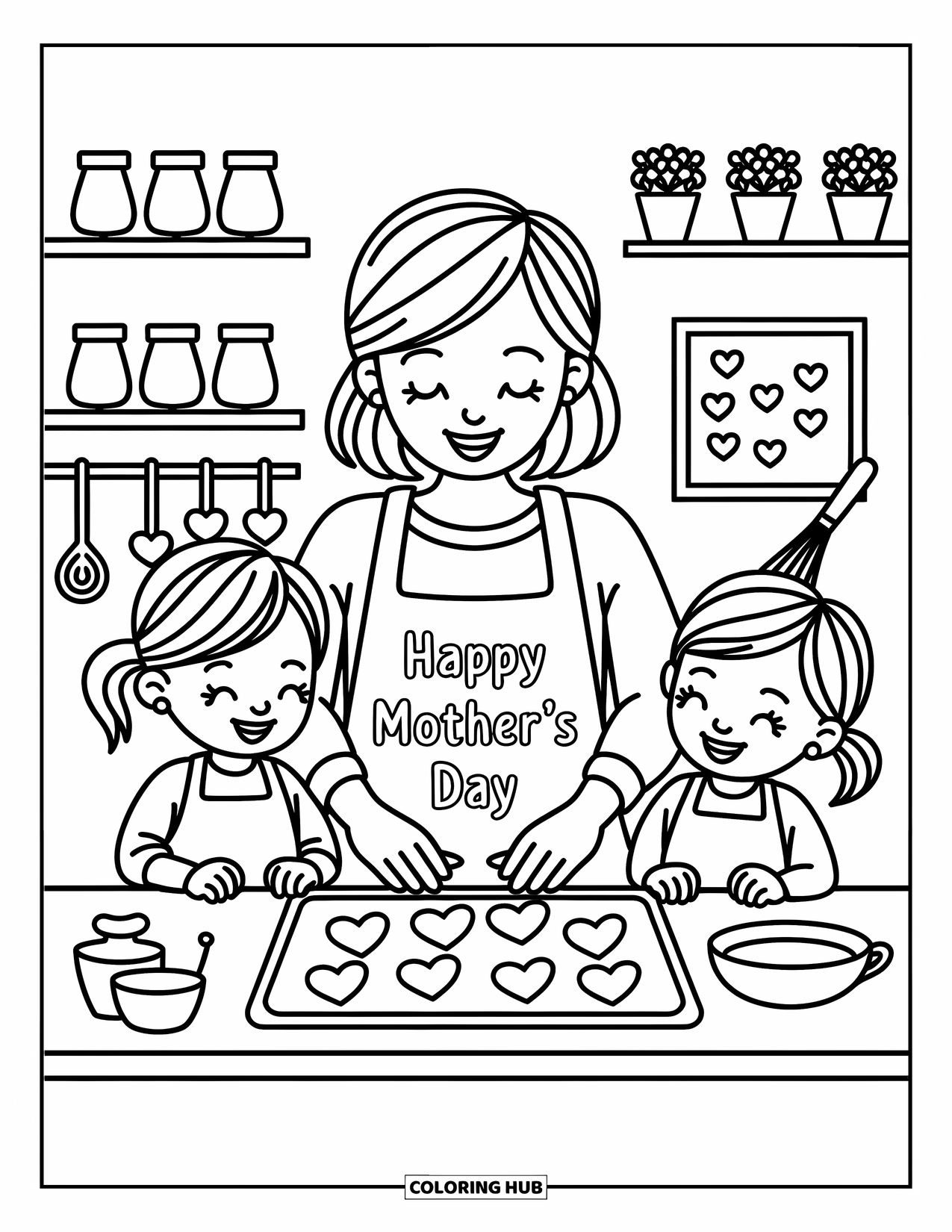 Happy Mothers Day Coloring Page for Adults: A joyful kitchen scene where Mom and kids bake cookies with love