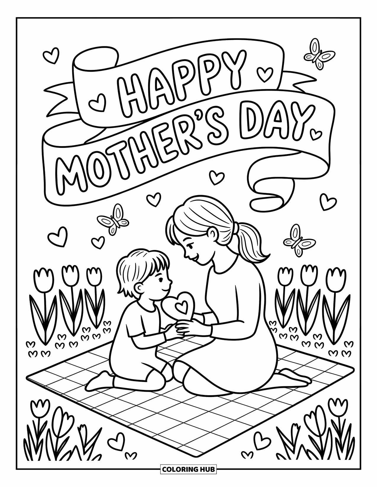 Happy Mothers Day Coloring Page for Adults: A mom and child share a picnic surrounded by tulips and butterflies