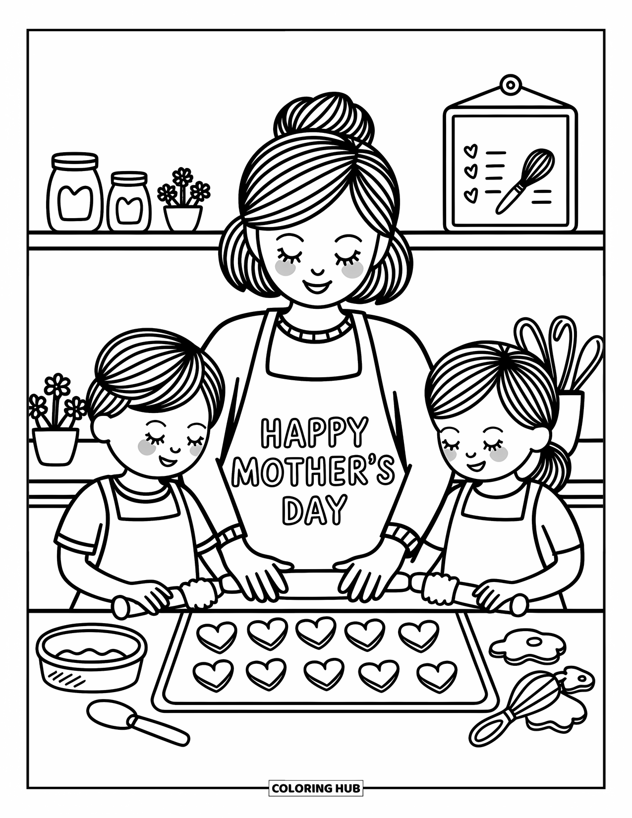 Happy Mothers Day Coloring Page for Adults: A mom and her kids bake heart-shaped cookies in a warm, happy kitchen