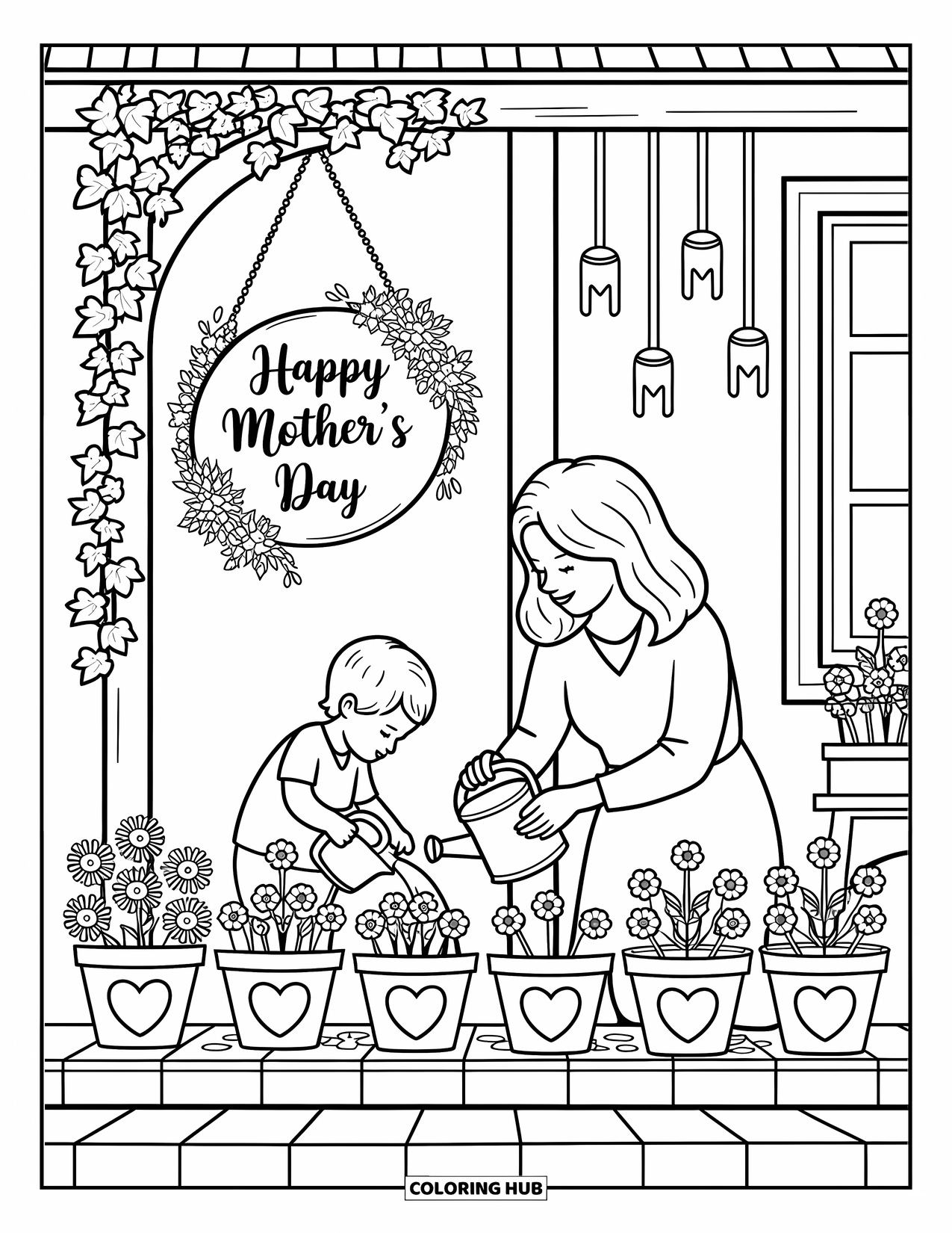 Happy Mothers Day Coloring Page for Adults: A mother and child water potted flowers on a porch filled with sunshine and ivy