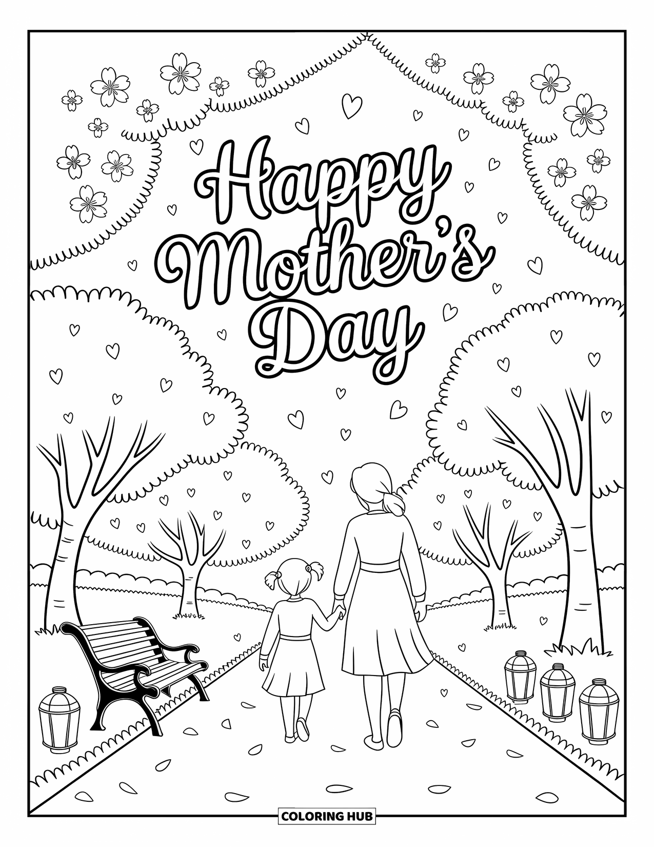 Happy Mothers Day Coloring Page for Adults: A mother and daughter stroll under cherry blossoms and a "Happy Mother's Day" banner