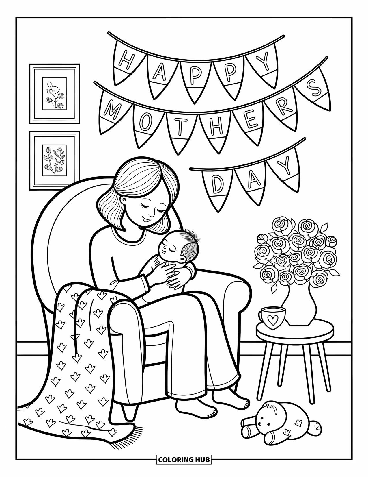 Happy Mothers Day Coloring Page for Adults: A peaceful scene of Mom rocking her baby beneath a "Happy Mother's Day" banner