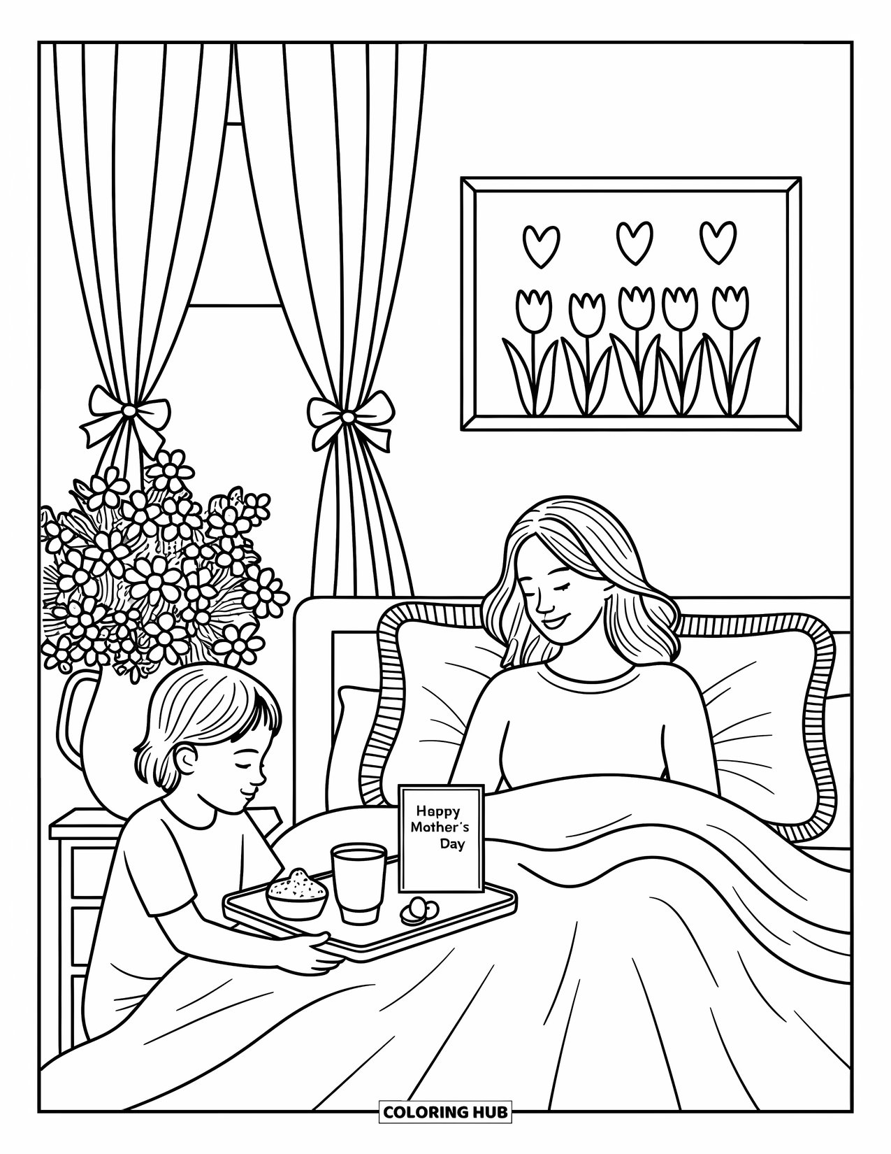 Happy Mothers Day Coloring Page for Adults: A sweet bedroom scene with breakfast in bed and "Happy Mother's Day" wishes
