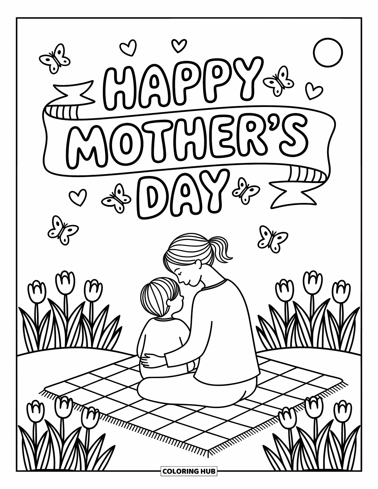 Happy Mothers Day Coloring Page for Adults: A sweet garden picnic where a child gives Mom a heart-shaped card
