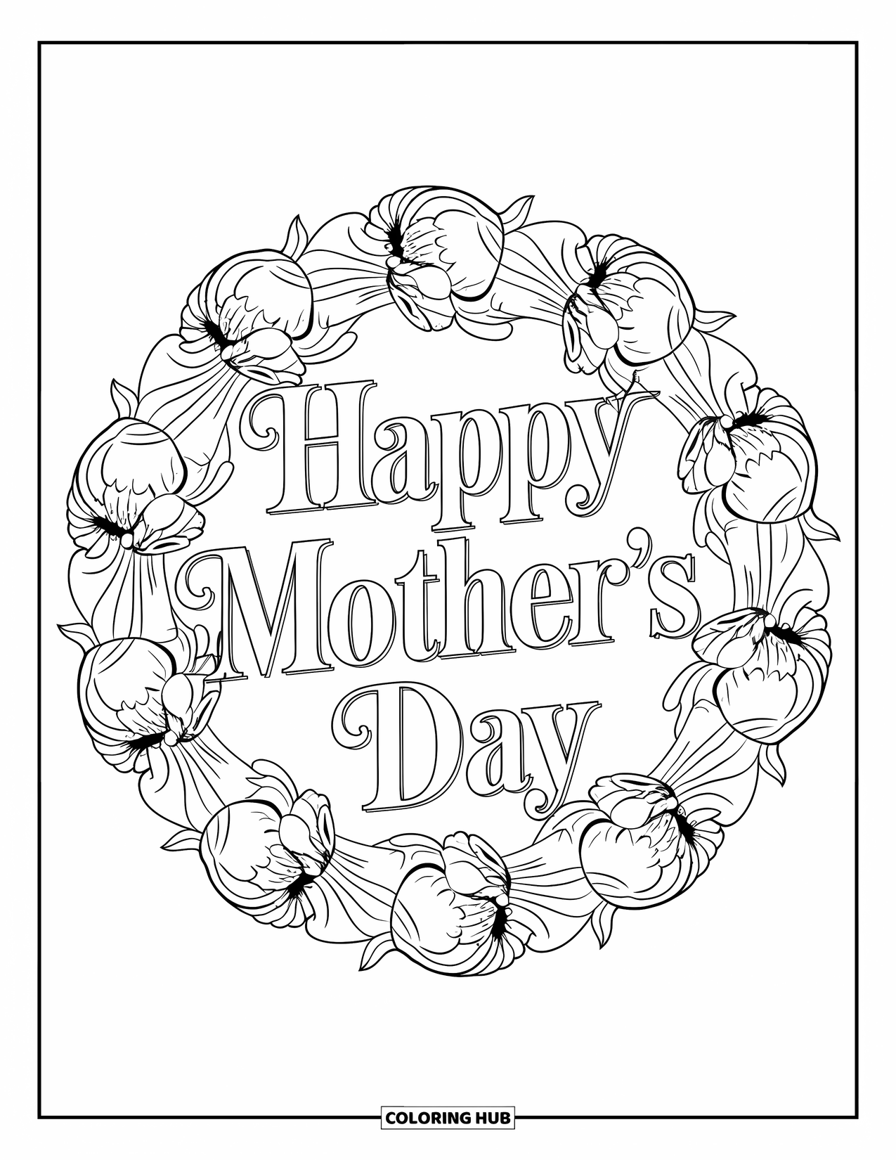Happy Mothers Day Coloring Page for Adults: Circular peony mandala encircling "Happy Mother's Day"