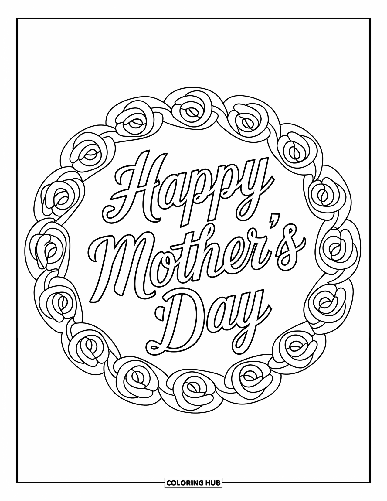 Happy Mothers Day Coloring Page for Adults: Delicate "Happy Mother's Day" centered within a floral rose mandala