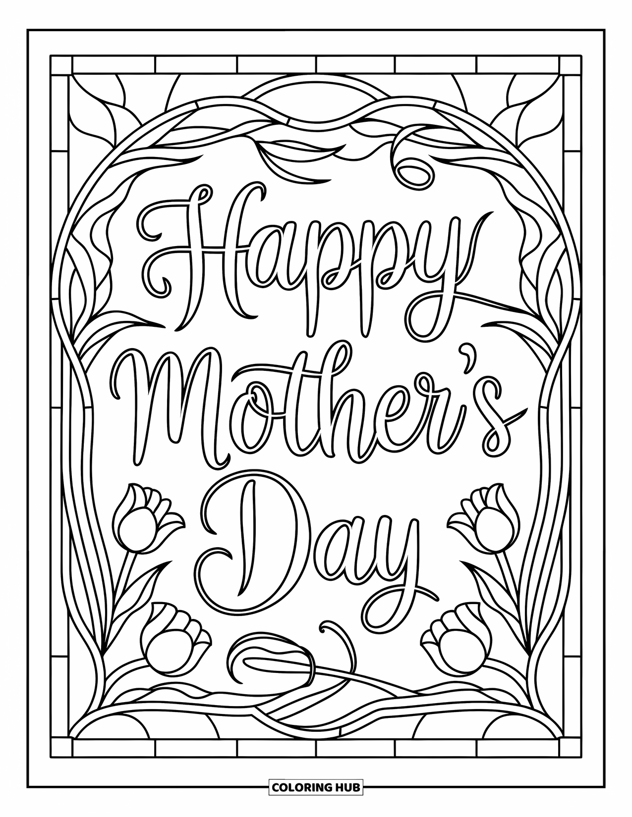 Happy Mothers Day Coloring Page for Adults: Elegant "Happy Mother's Day" surrounded by tulip and vine patterns