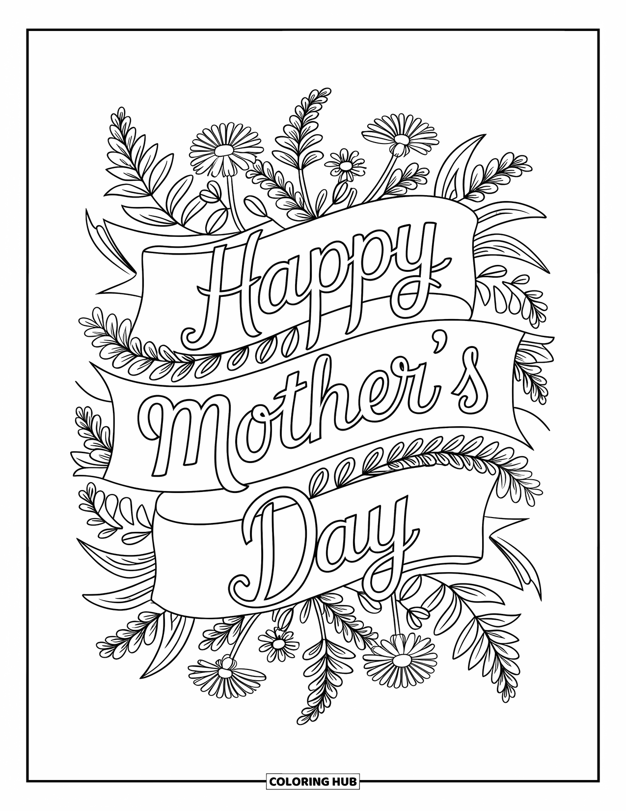 Happy Mothers Day Coloring Page for Adults: Flowing "Happy Mother's Day" lettering among ferns and blossoms