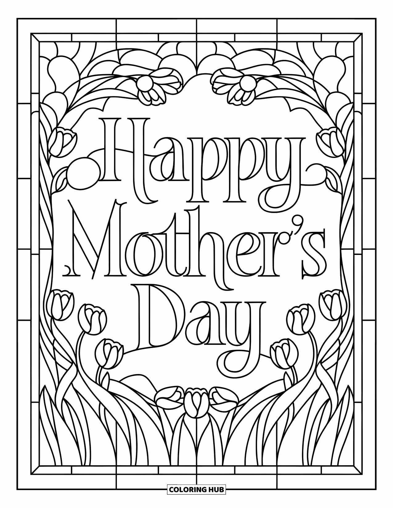Happy Mothers Day Coloring Page for Adults: Modern "Happy Mother's Day" framed by tulips and swirling vines