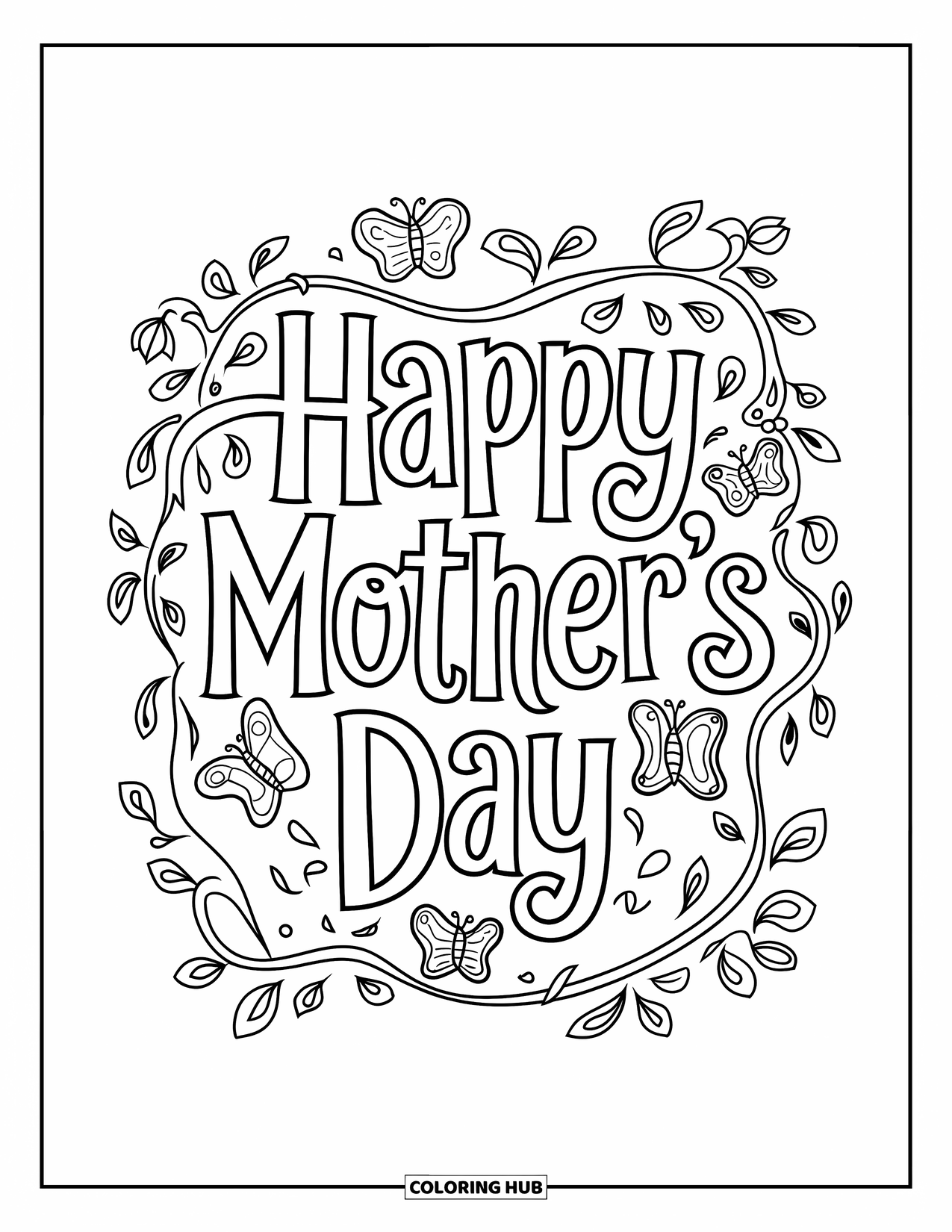 Happy Mothers Day Coloring Page for Adults: Playful "Happy Mother's Day" script surrounded by floral swirls