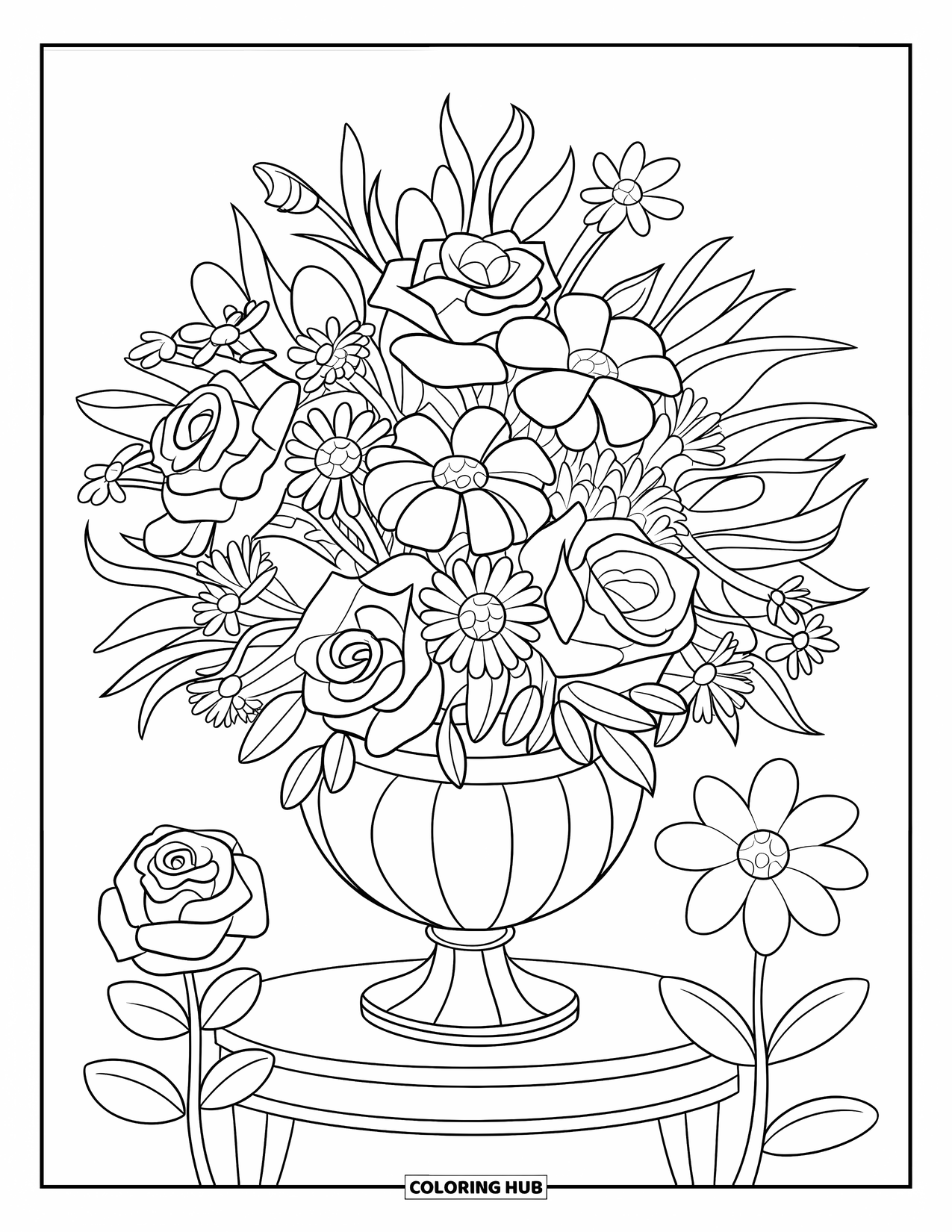 Happy Mothers Day Coloring Page for Kids: A bouquet in a vase filled with roses and daisies