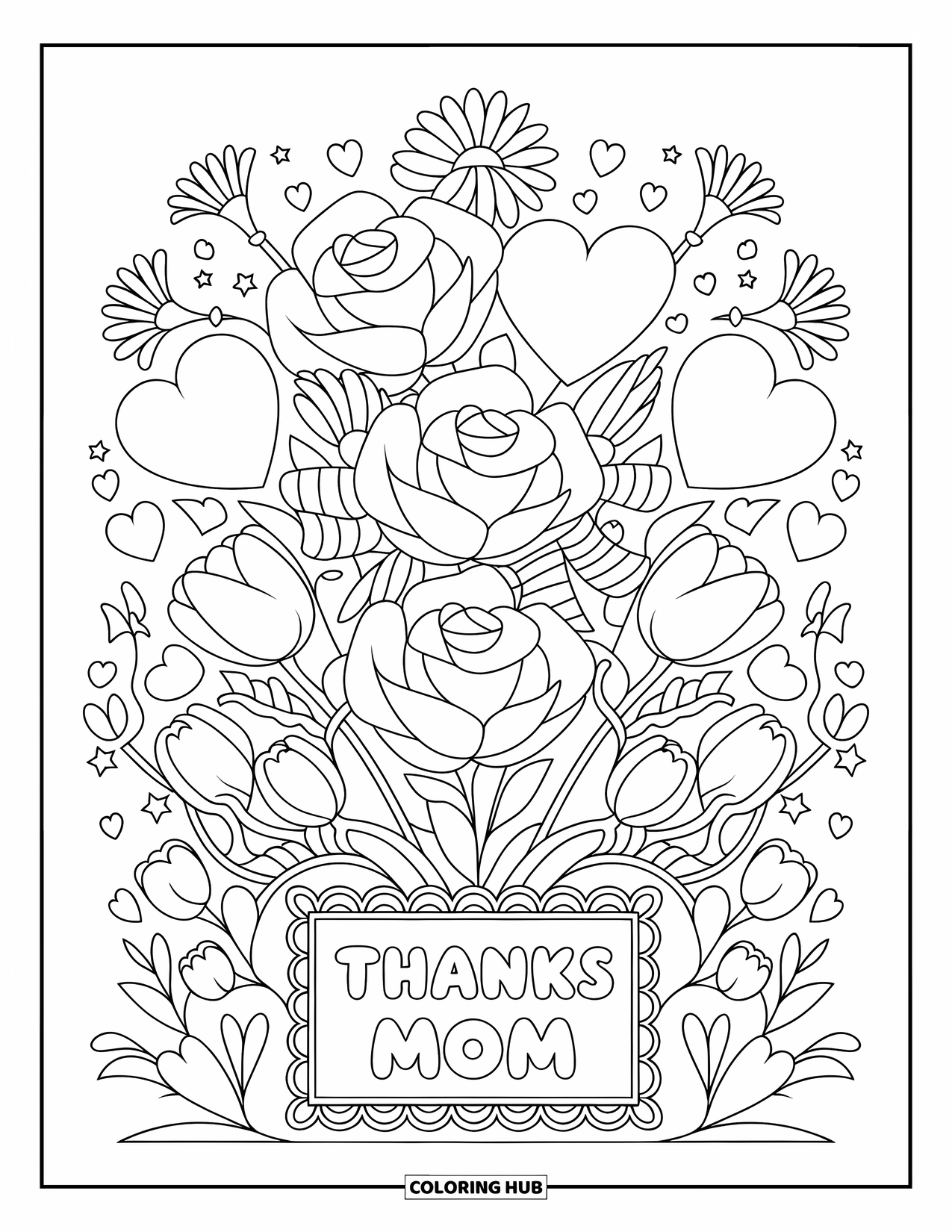 Happy Mothers Day Coloring Page for Kids: A bouquet with hearts, stars, and a "Thanks Mom" sign