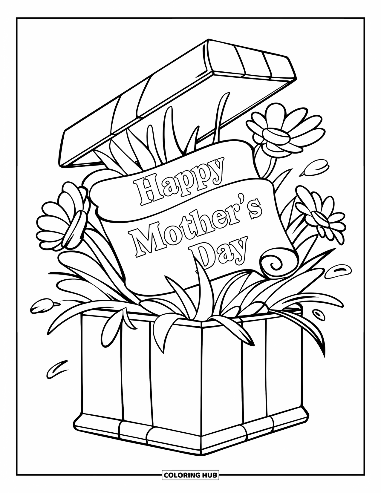 Happy Mothers Day Coloring Page for Kids: A cheerful gift box bursts open with flowers for Mom