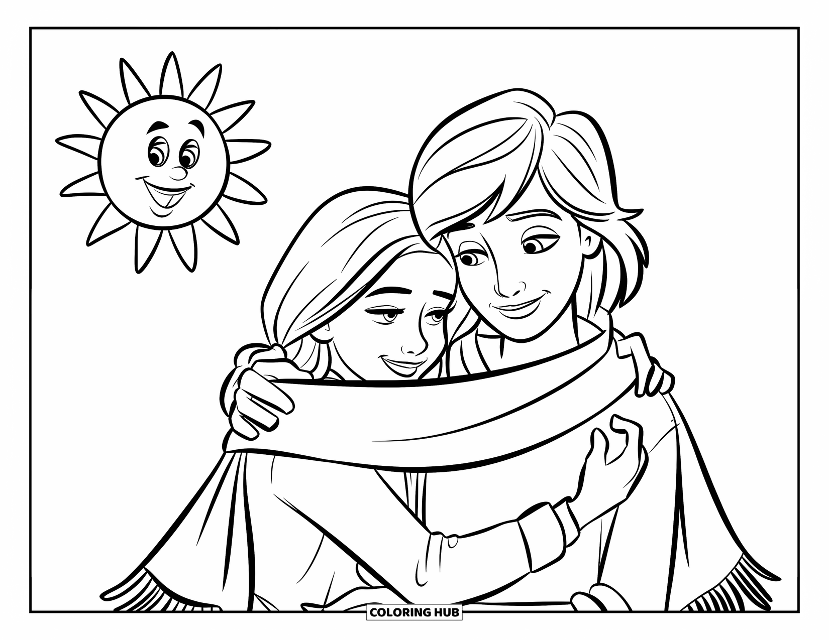 Happy Mothers Day Coloring Page for Kids: A cheerful teen wraps a scarf around their mom under sunny skies