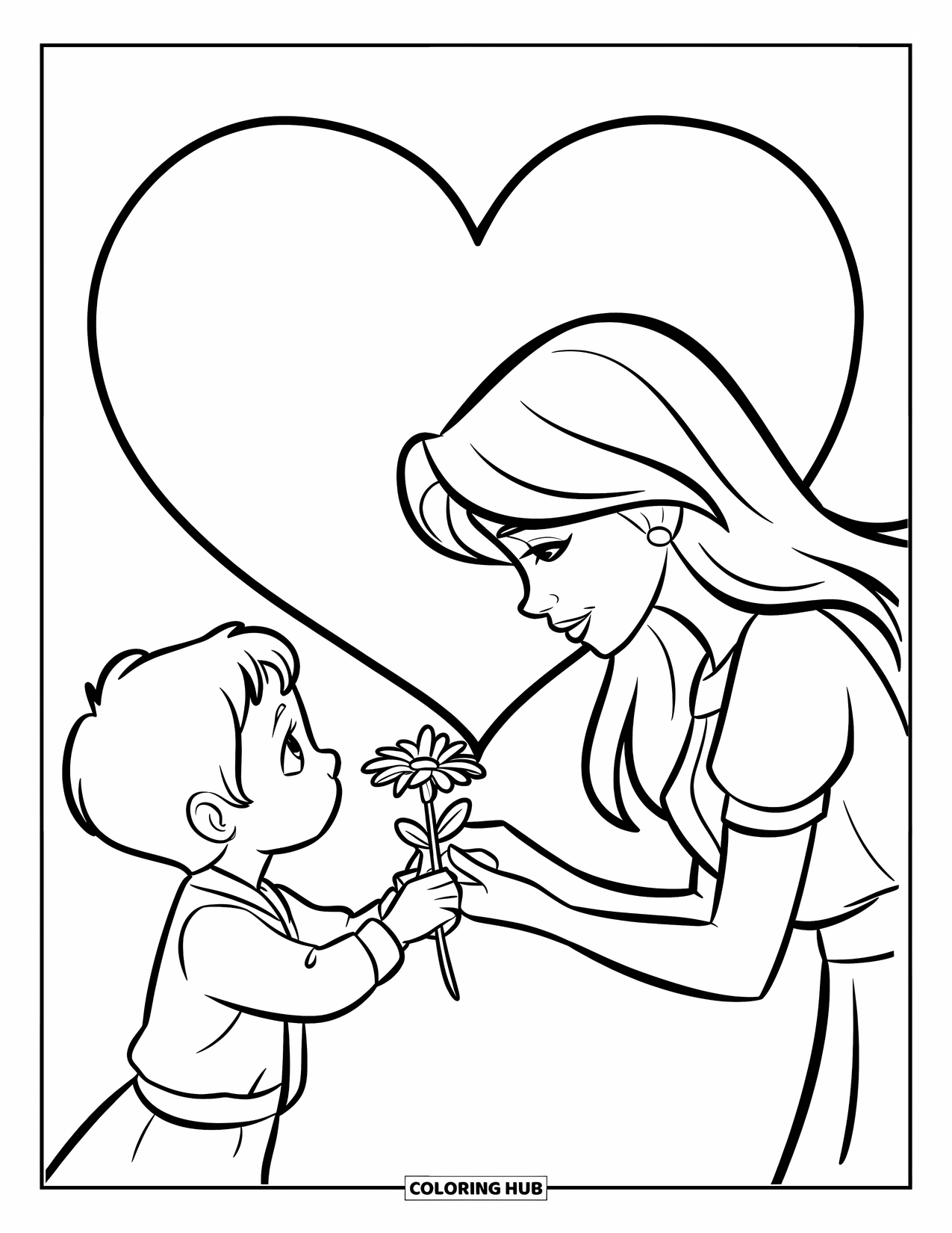Happy Mothers Day Coloring Page for Kids: A child gives a flower to their mom beside a big heart