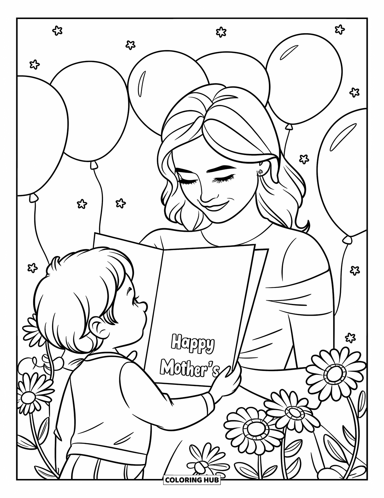 Happy Mothers Day Coloring Page for Kids: A child gives their mom a heartfelt Mother's Day card