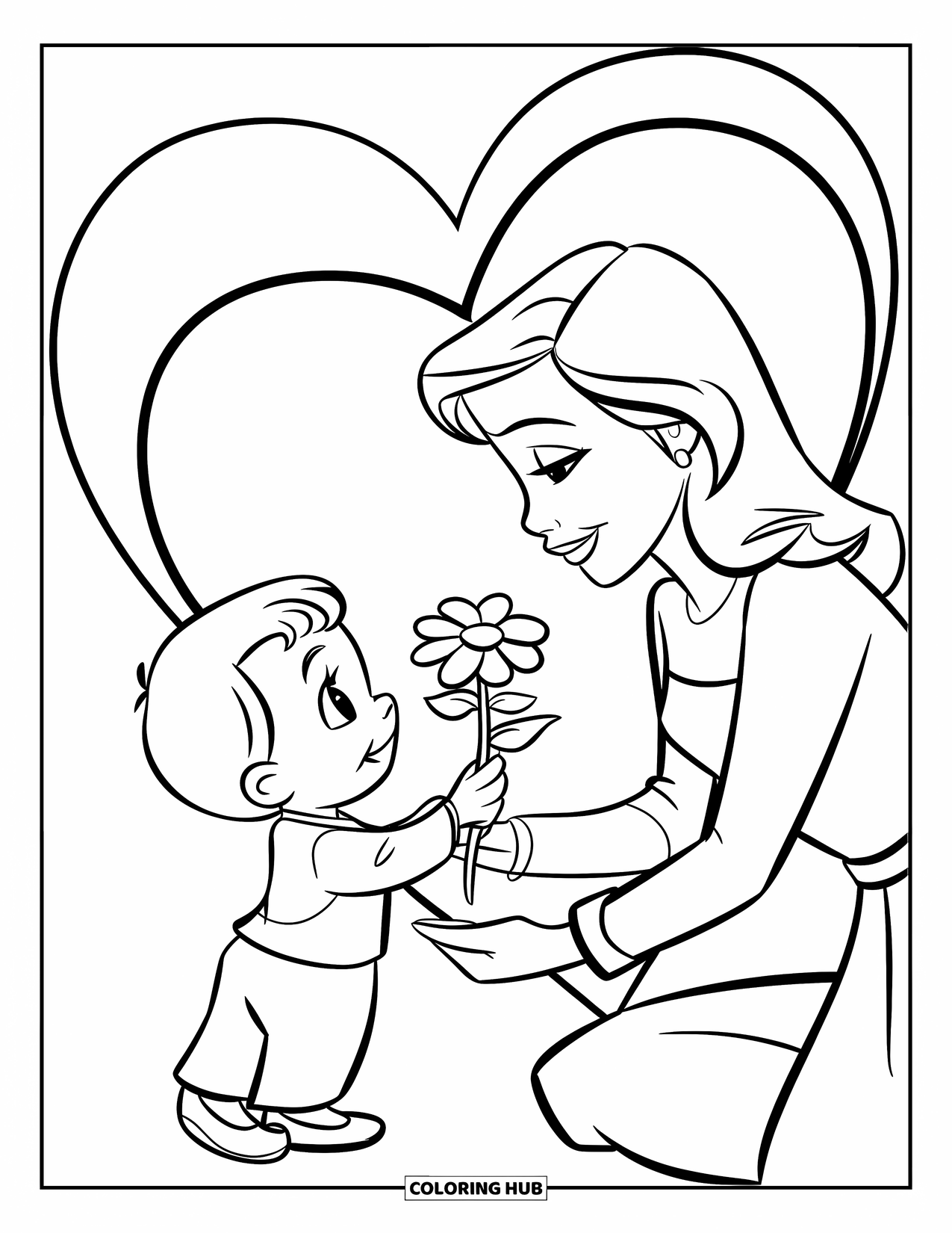 Happy Mothers Day Coloring Page for Kids: A child offers Mom a flower in front of a heart