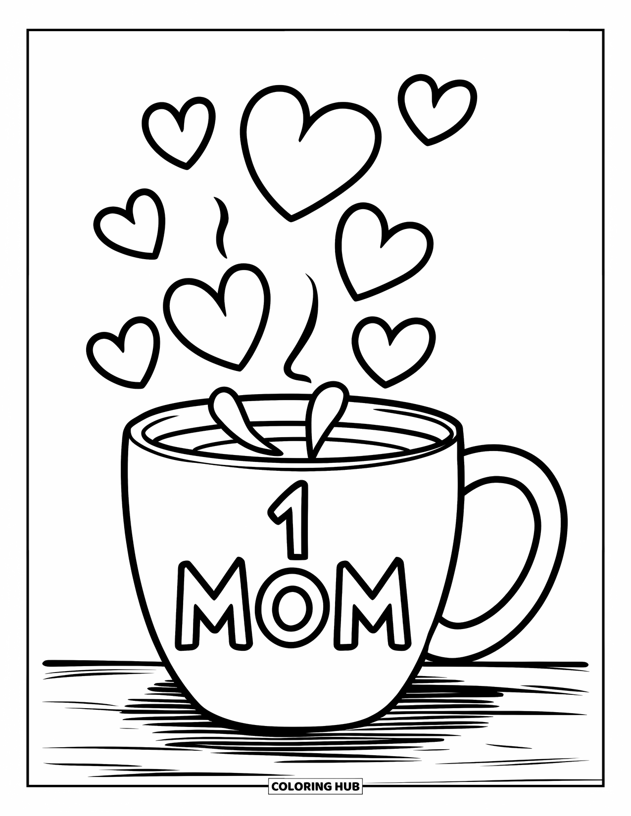 Happy Mothers Day Coloring Page for Kids: A coffee mug with heart steam reads "#1 Mom"