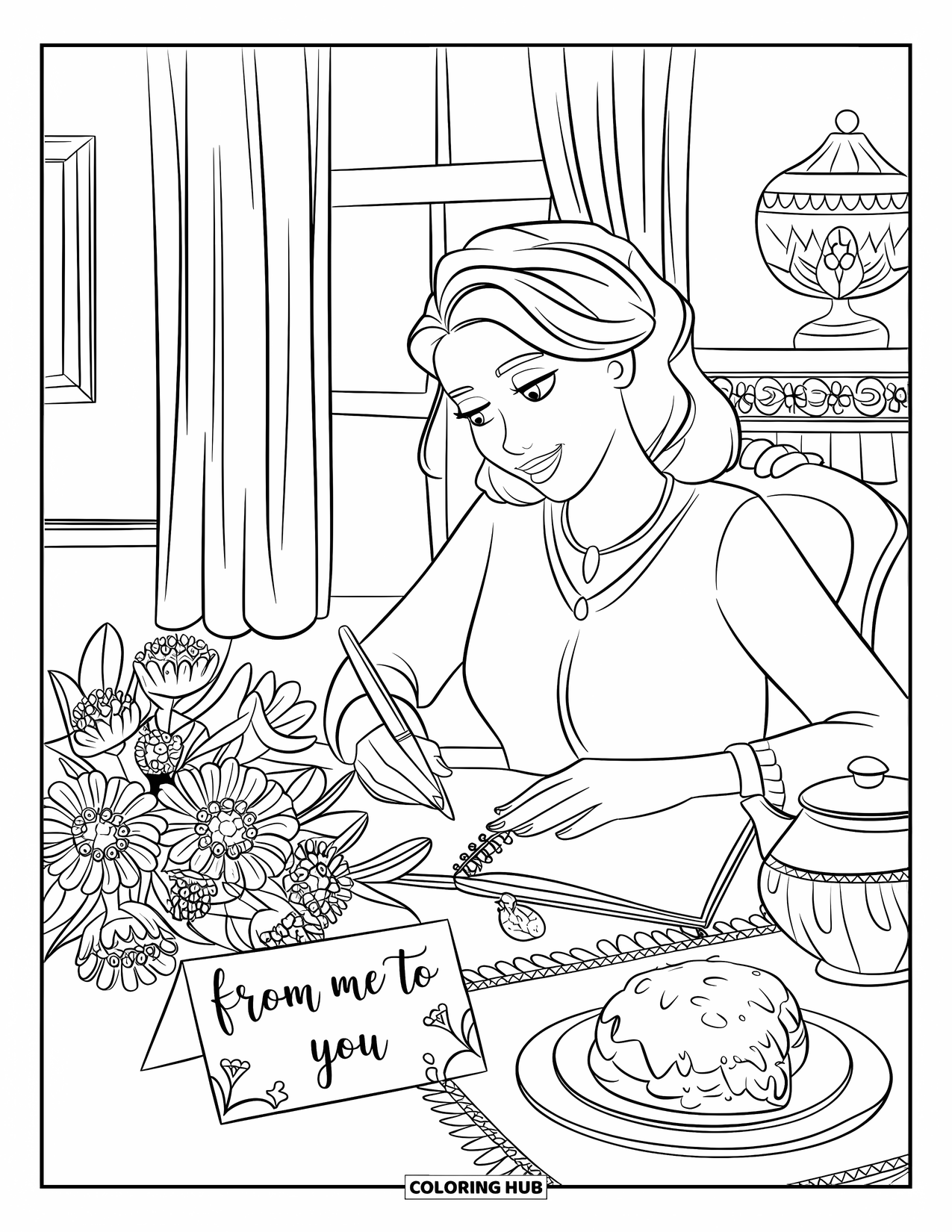 Happy Mothers Day Coloring Page for Kids: A cozy mom writes beside flowers, tea, and a loving card