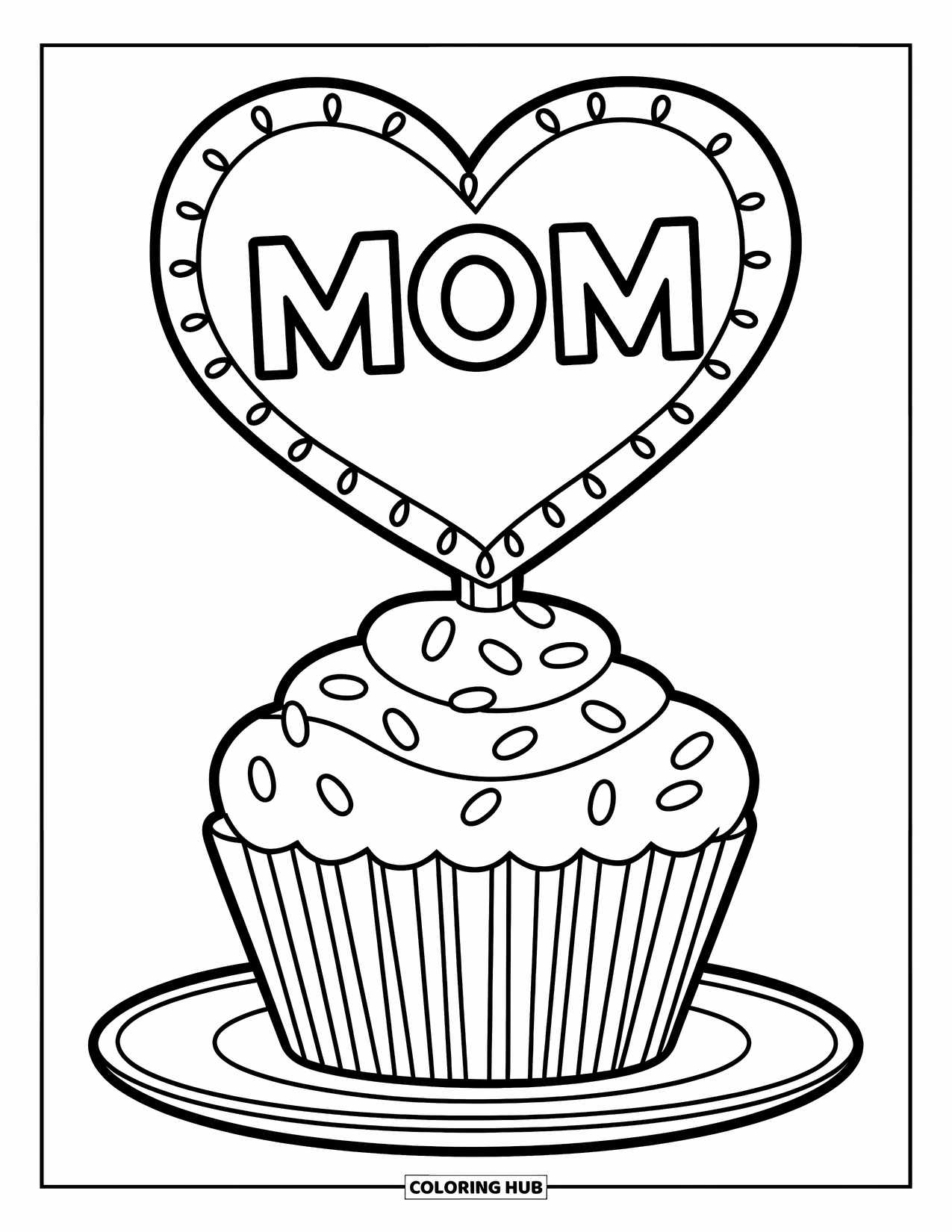 Happy Mothers Day Coloring Page for Kids: A cupcake with a heart topper says "Mom"