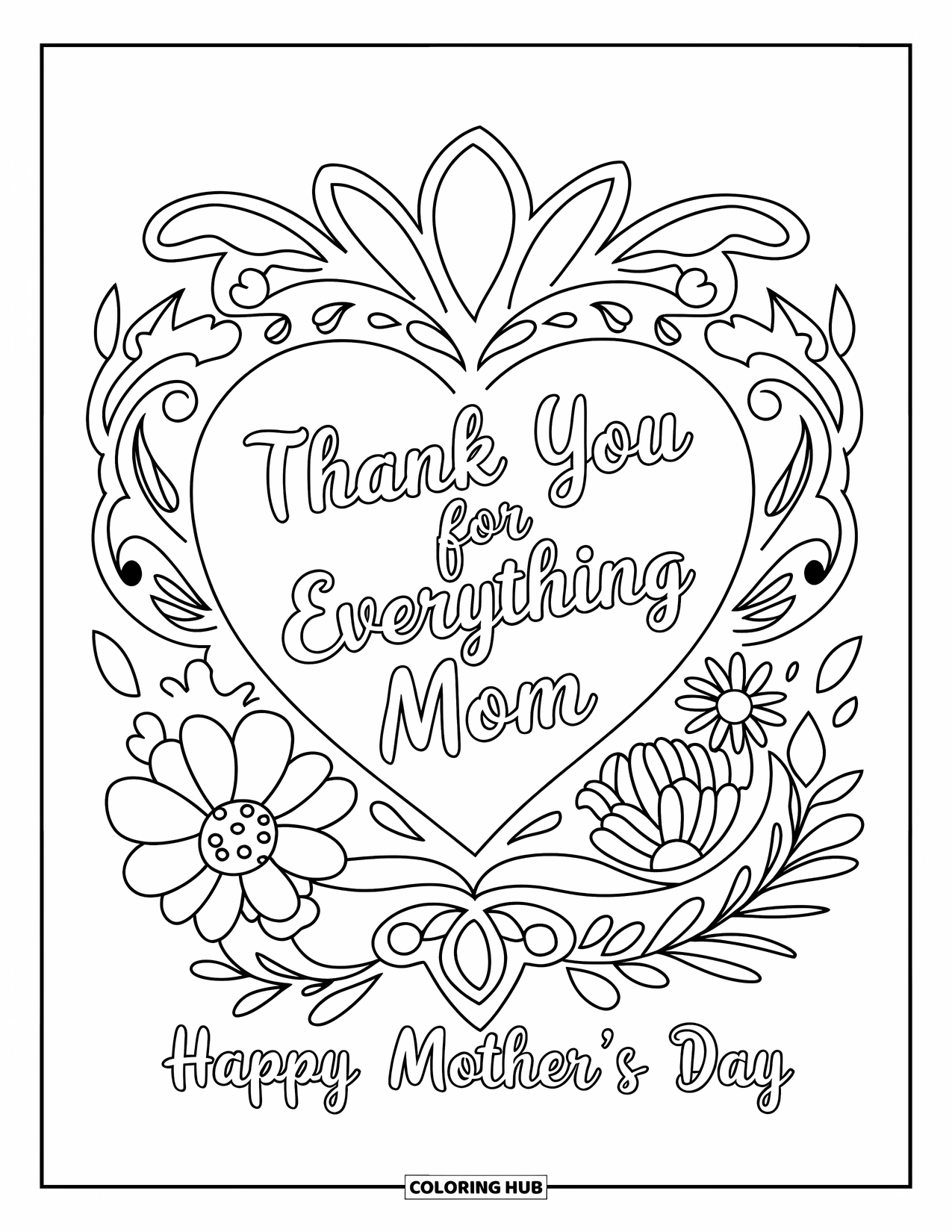 Happy Mothers Day Coloring Page for Kids: A floral heart with butterflies says "Thank You for Everything Mom"