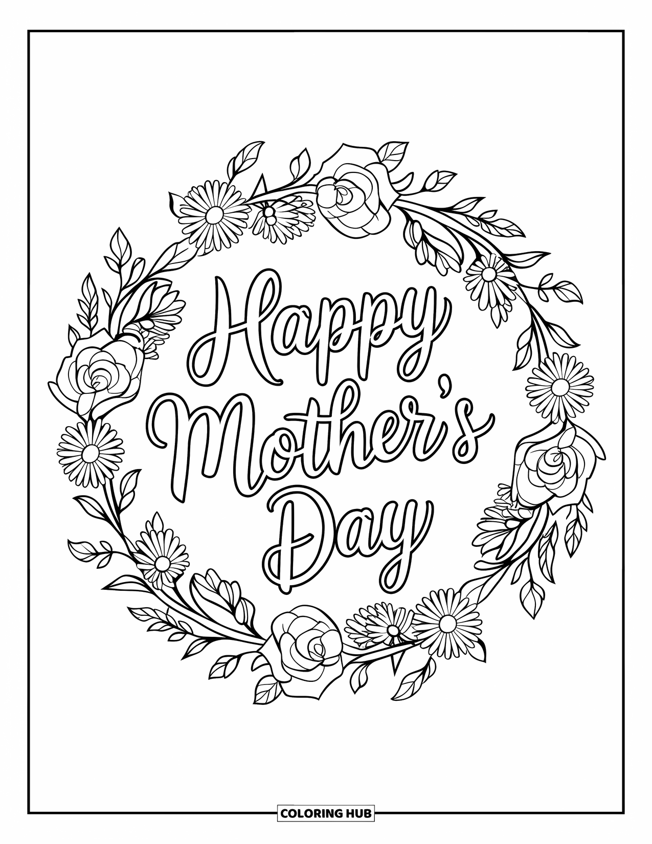Happy Mothers Day Coloring Page for Kids: A floral wreath frames the words "Happy Mother's Day"