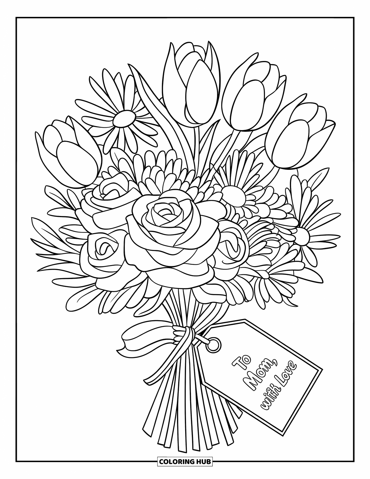 Happy Mothers Day Coloring Page for Kids: A flower bouquet wrapped with love and a heartfelt tag
