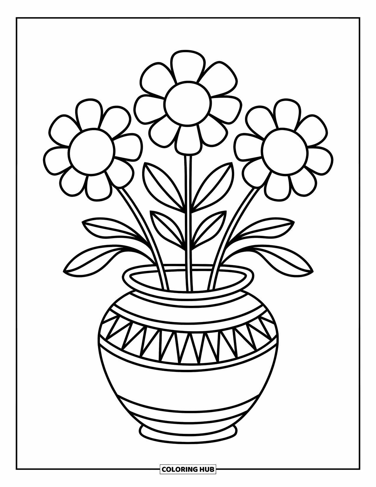 Happy Mothers Day Coloring Page for Kids: A flower vase with three blooms makes a cheerful gift