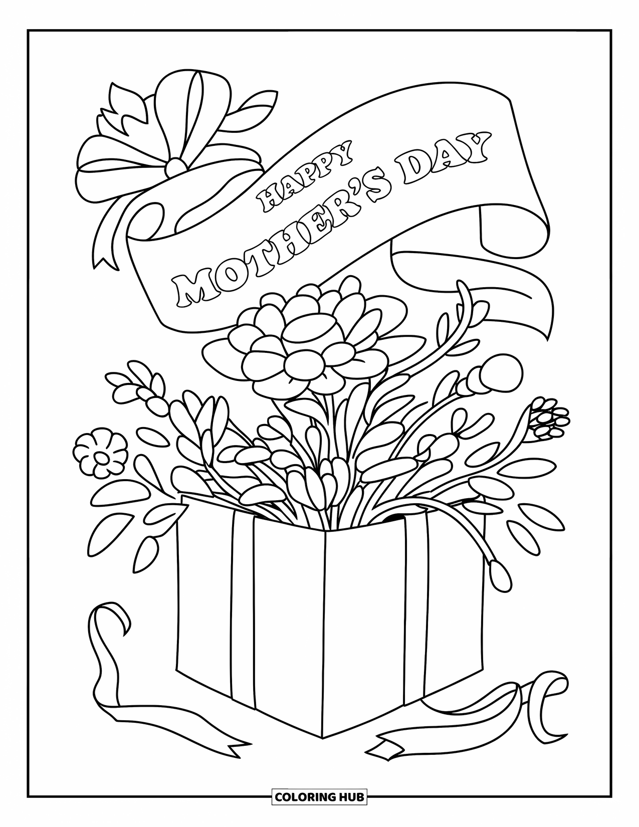 Happy Mothers Day Coloring Page for Kids: A gift box bursts open with flowers and a sweet message